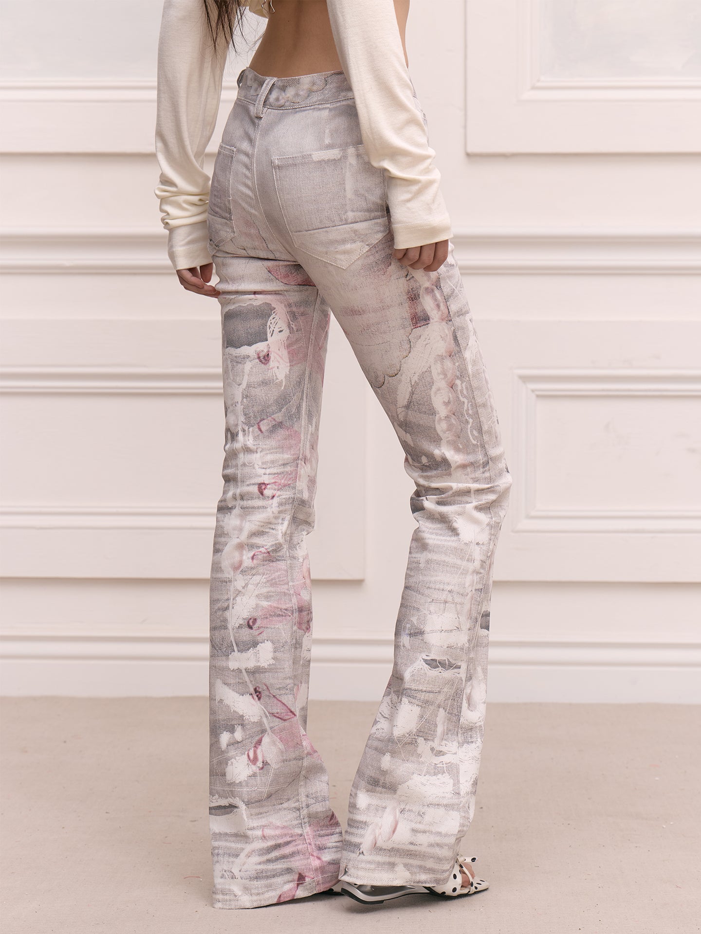 FAYCHUI Distressed Pearl Full-Printed Slim Flared Pants