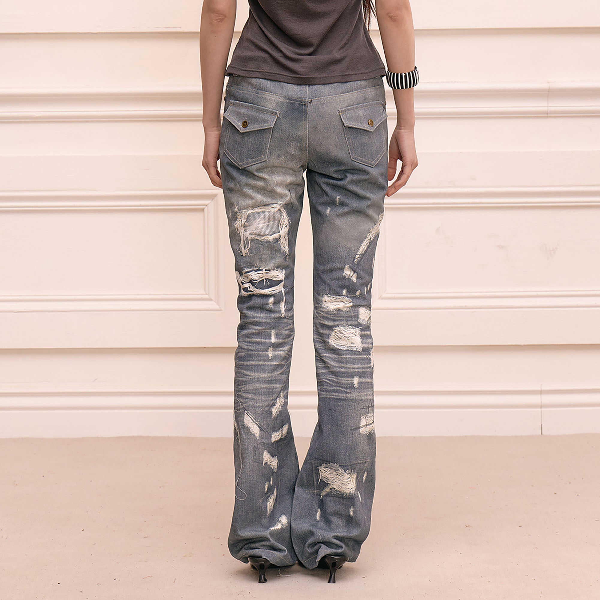 FAYCHUI Distressed Diamond Slim Flared Pants