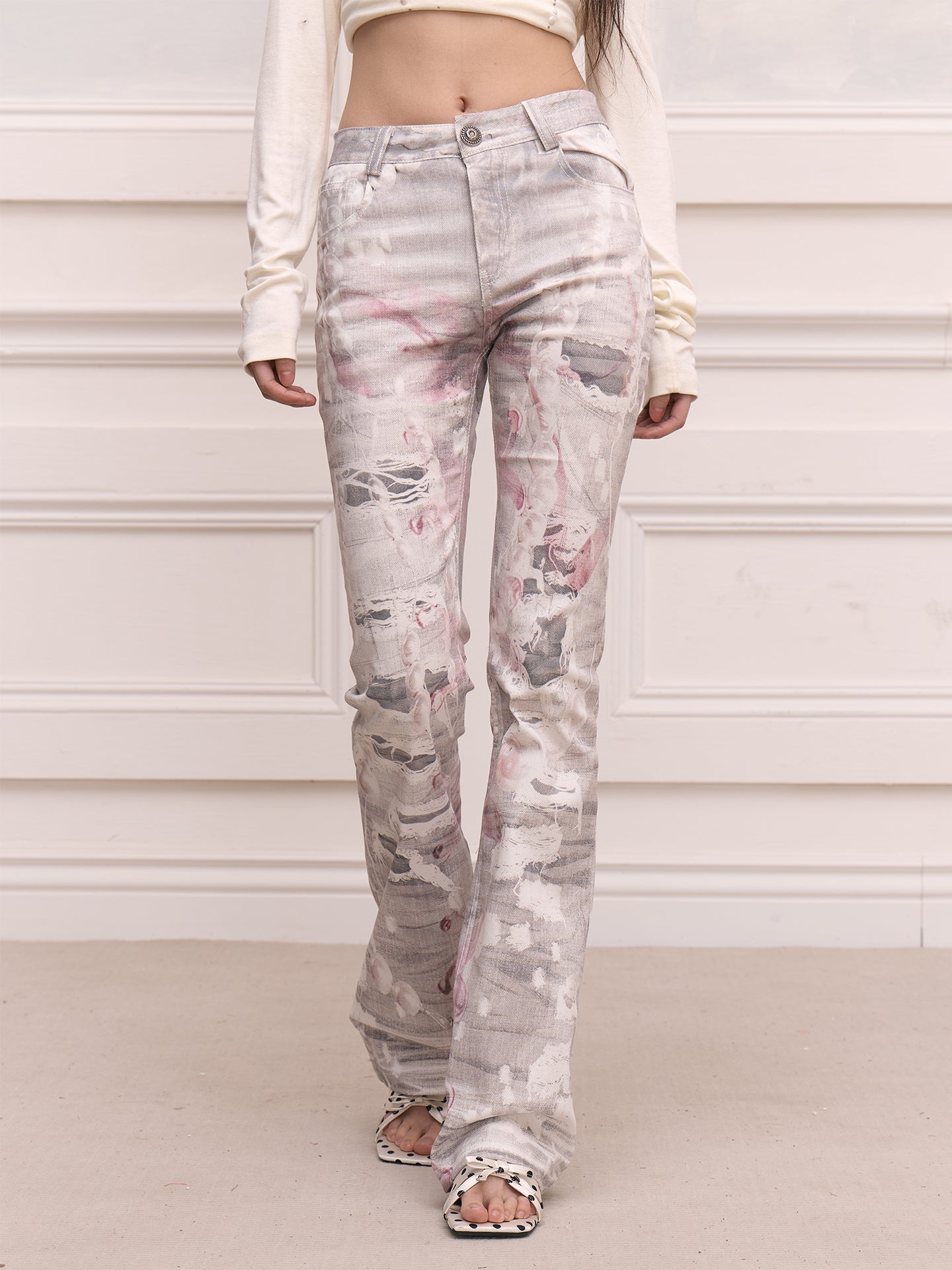 FAYCHUI Distressed Pearl Full-Printed Slim Flared Pants