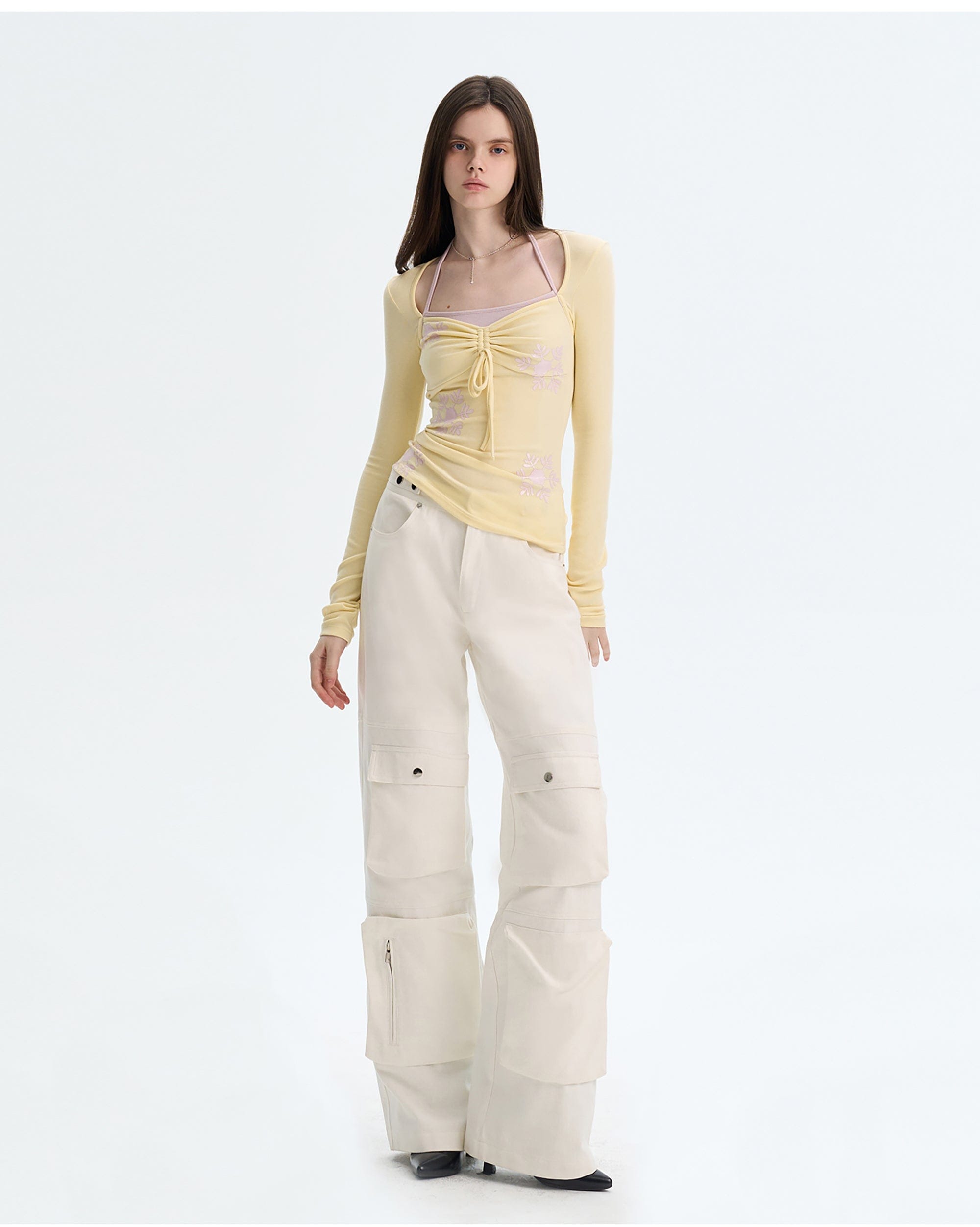 THE NEVERMORE Contrast Layered Tie-Front Long-Sleeve Top
