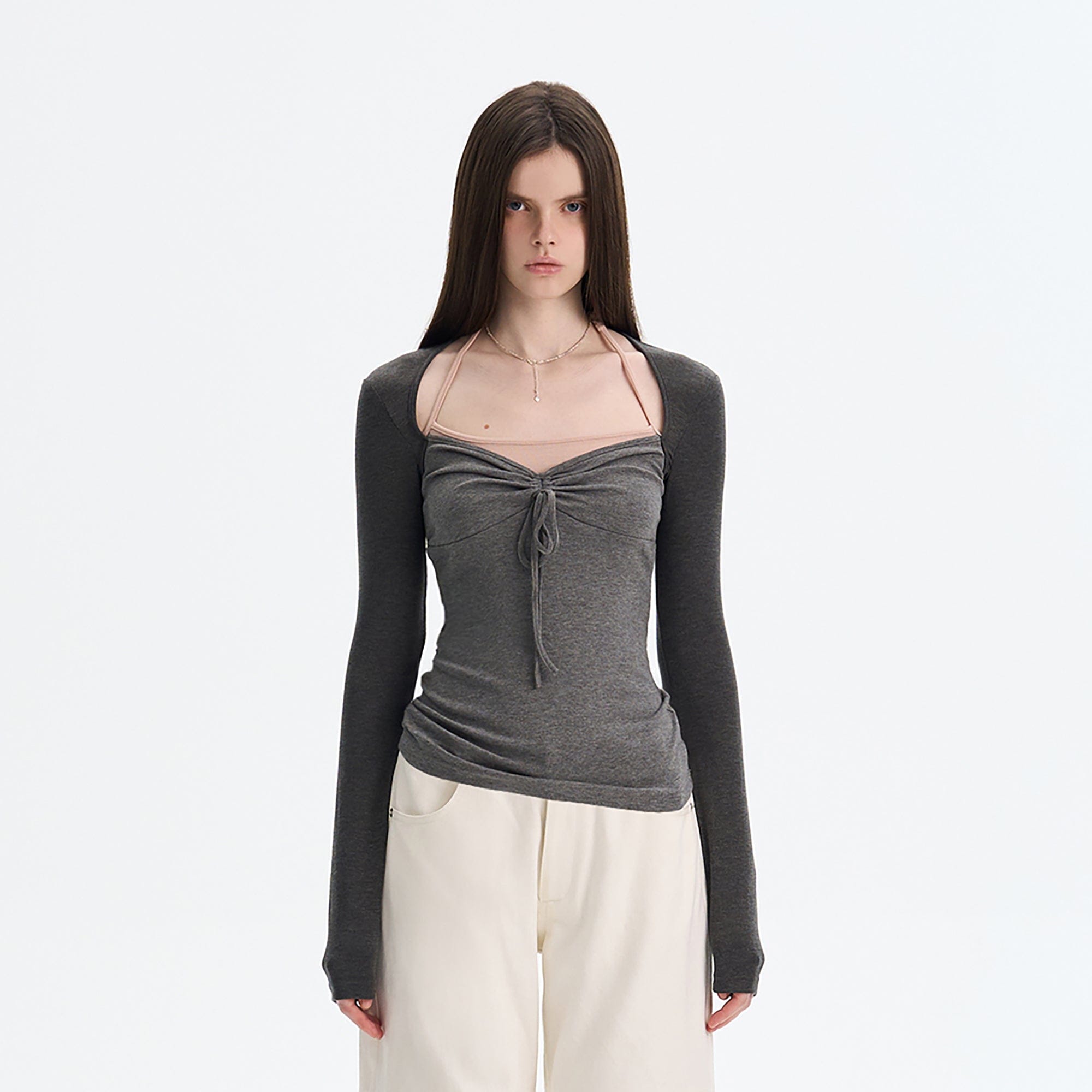 THE NEVERMORE Contrast Layered Tie-Front Long-Sleeve Top