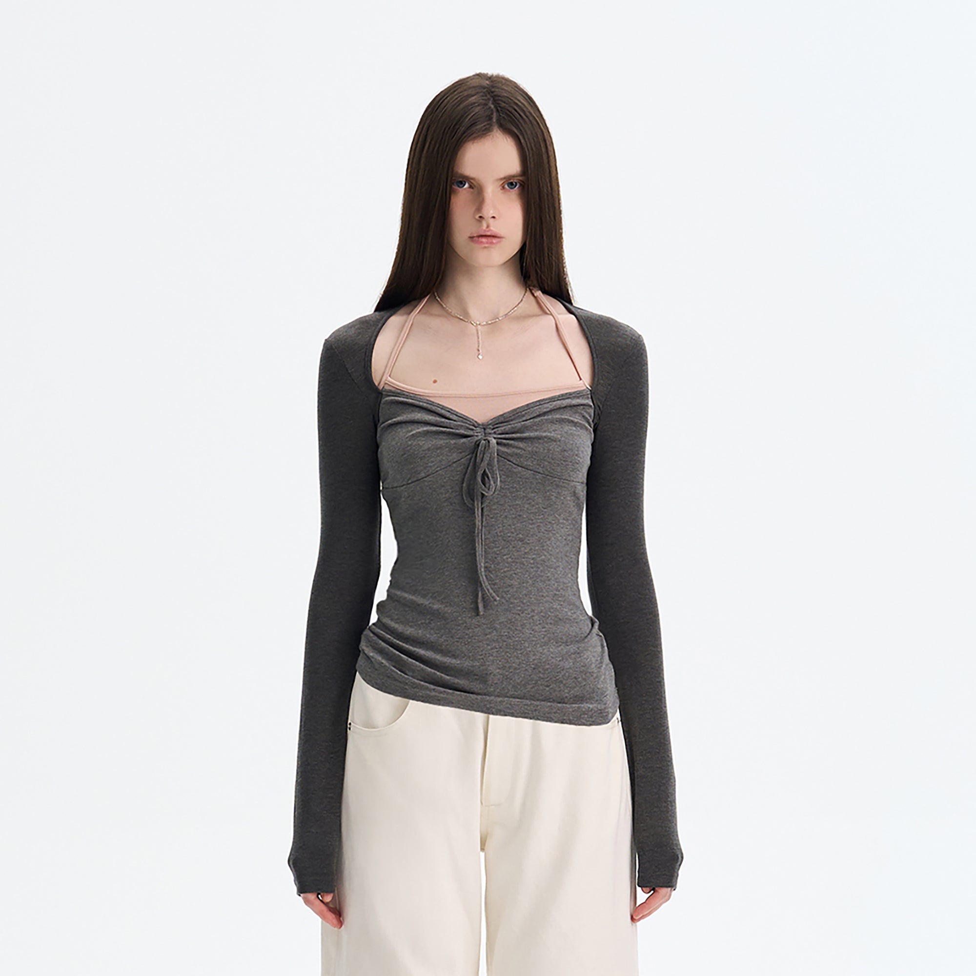 THE NEVERMORE Contrast Layered Tie-Front Long-Sleeve Top