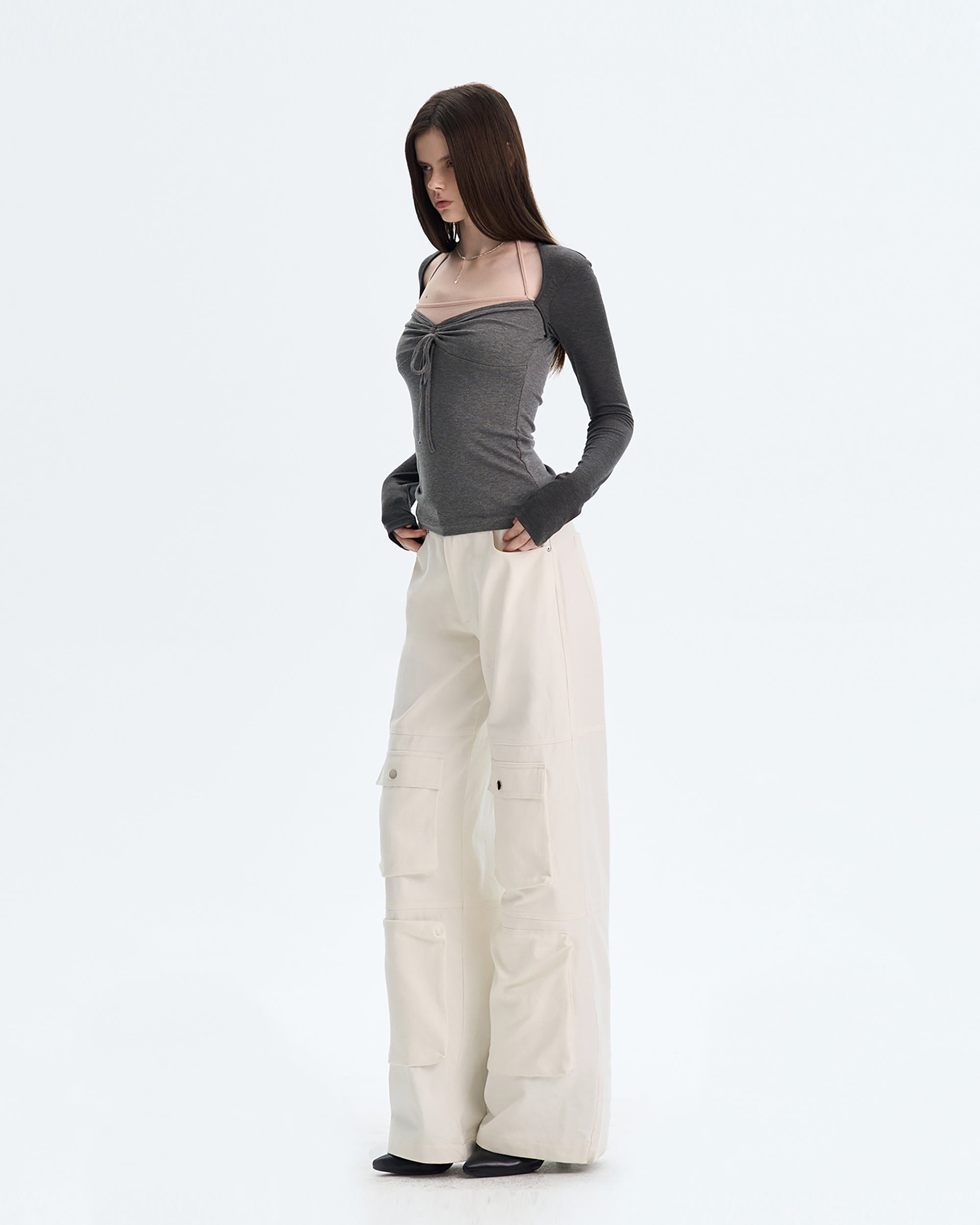 THE NEVERMORE Contrast Layered Tie-Front Long-Sleeve Top