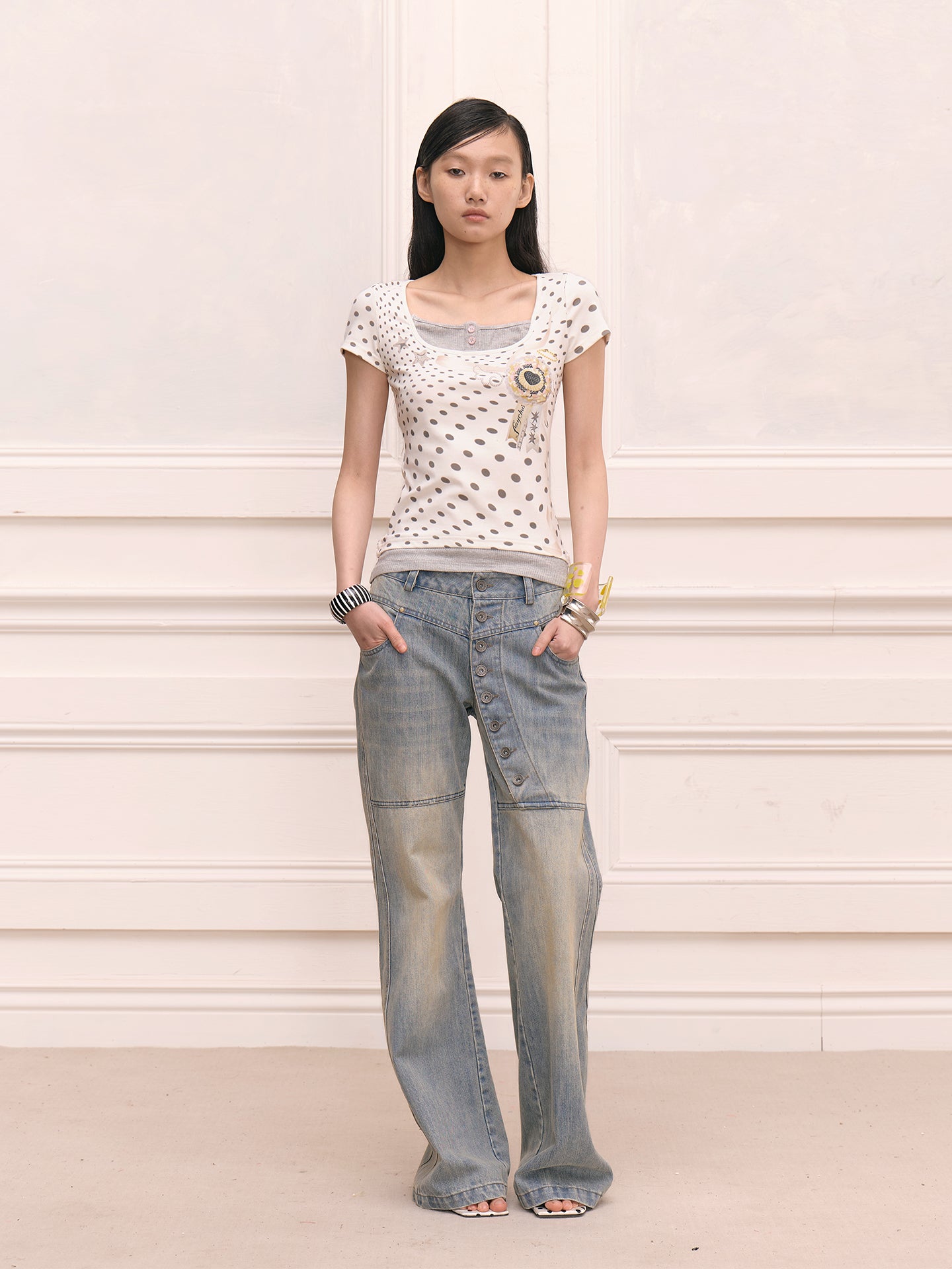 FAYCHUI Asymmetrical Button-Up Wide-Leg Jeans