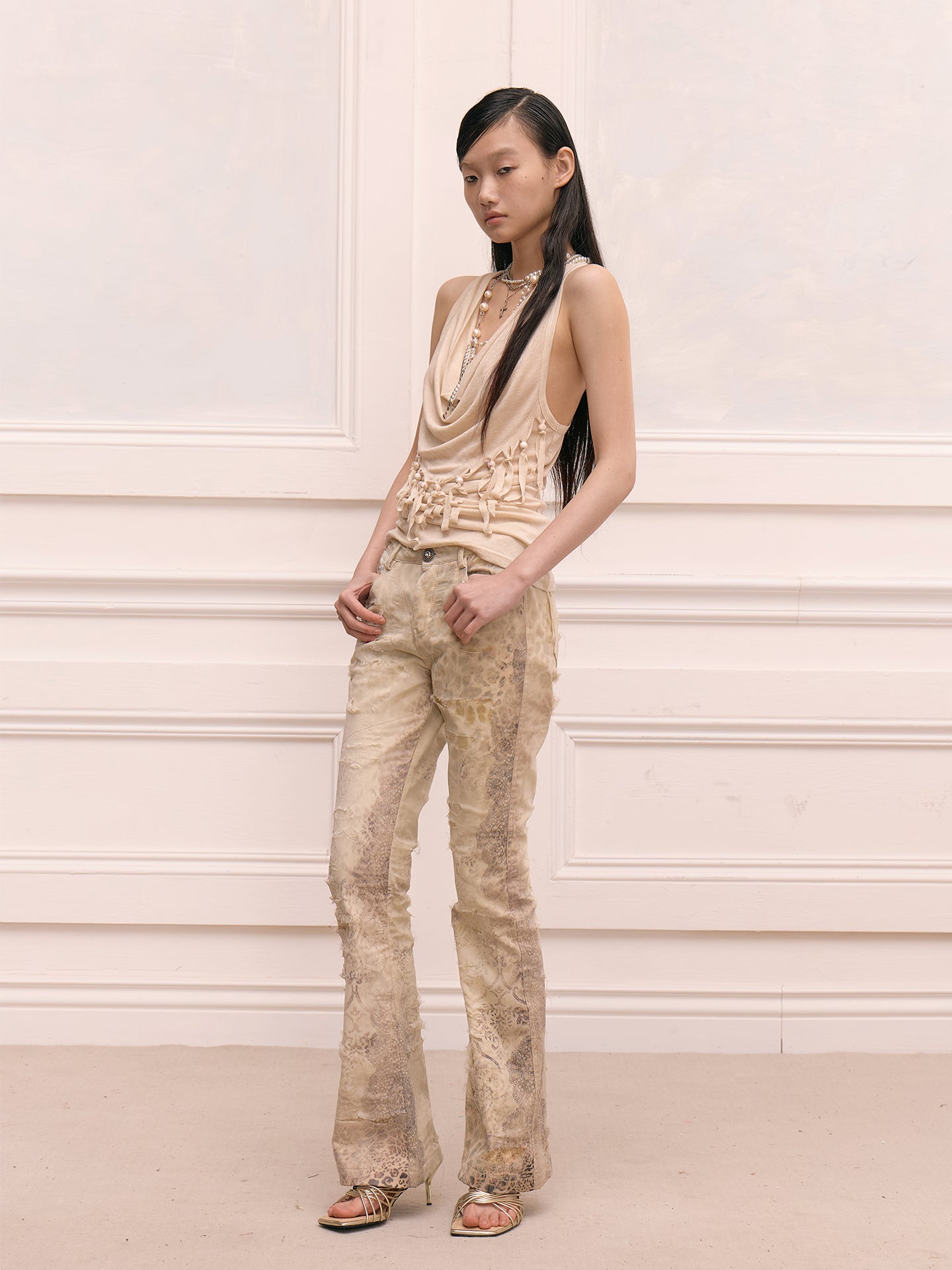 FAYCHUI Distressed Leopard Slim Flared Pants