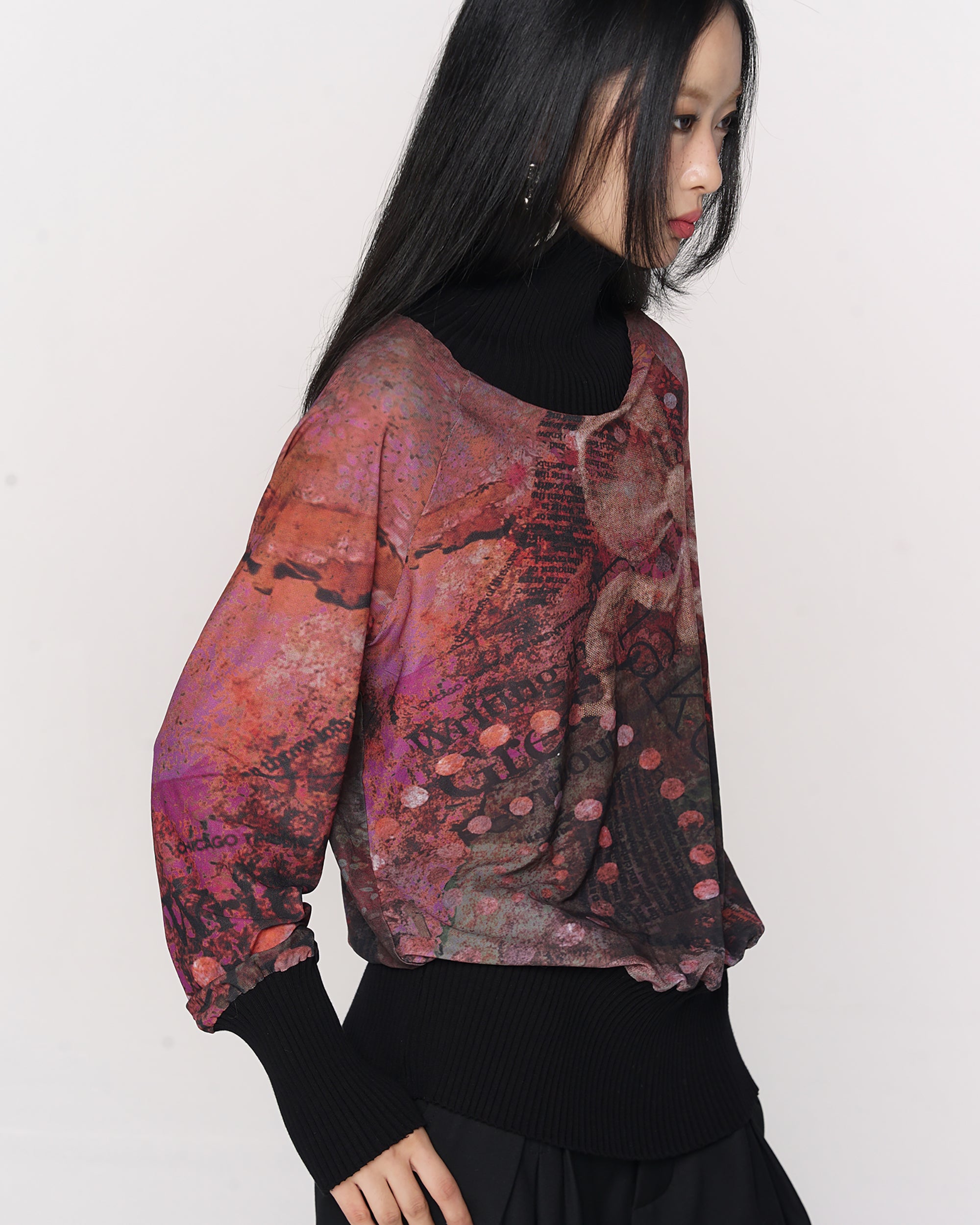 CONFUN Floral Mesh Ribbed Cuff Pullover