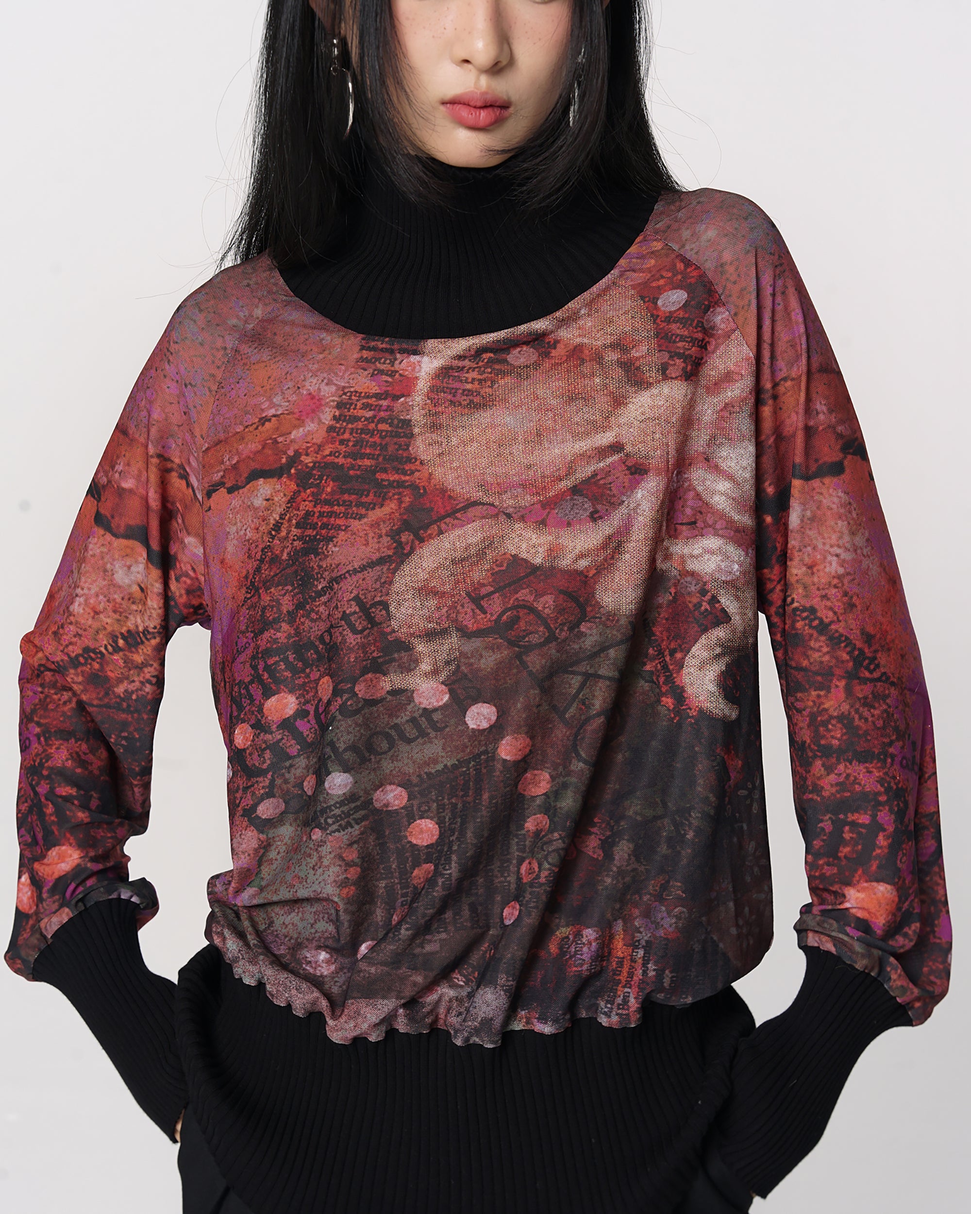 CONFUN Floral Mesh Ribbed Cuff Pullover