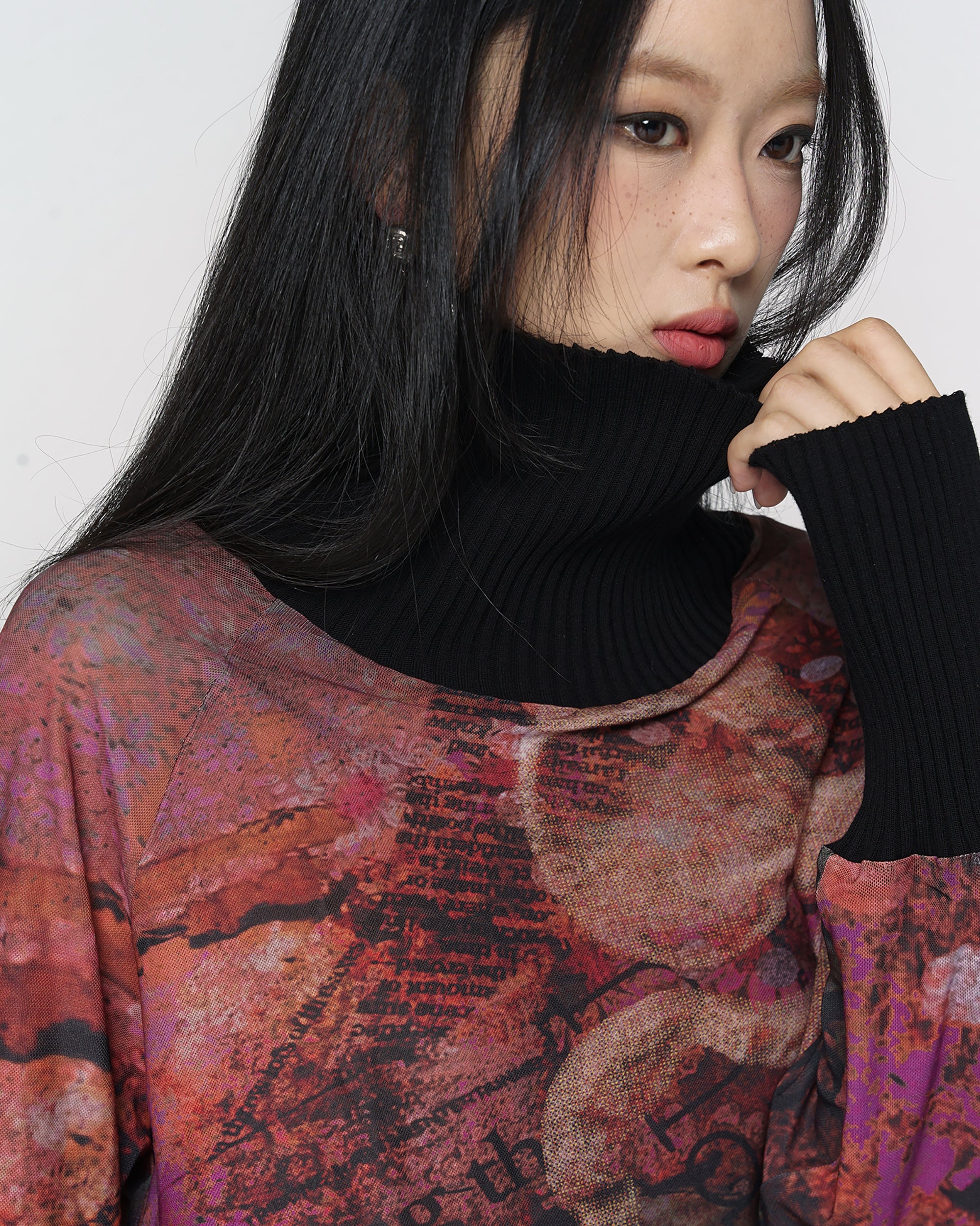 CONFUN Floral Mesh Ribbed Cuff Pullover