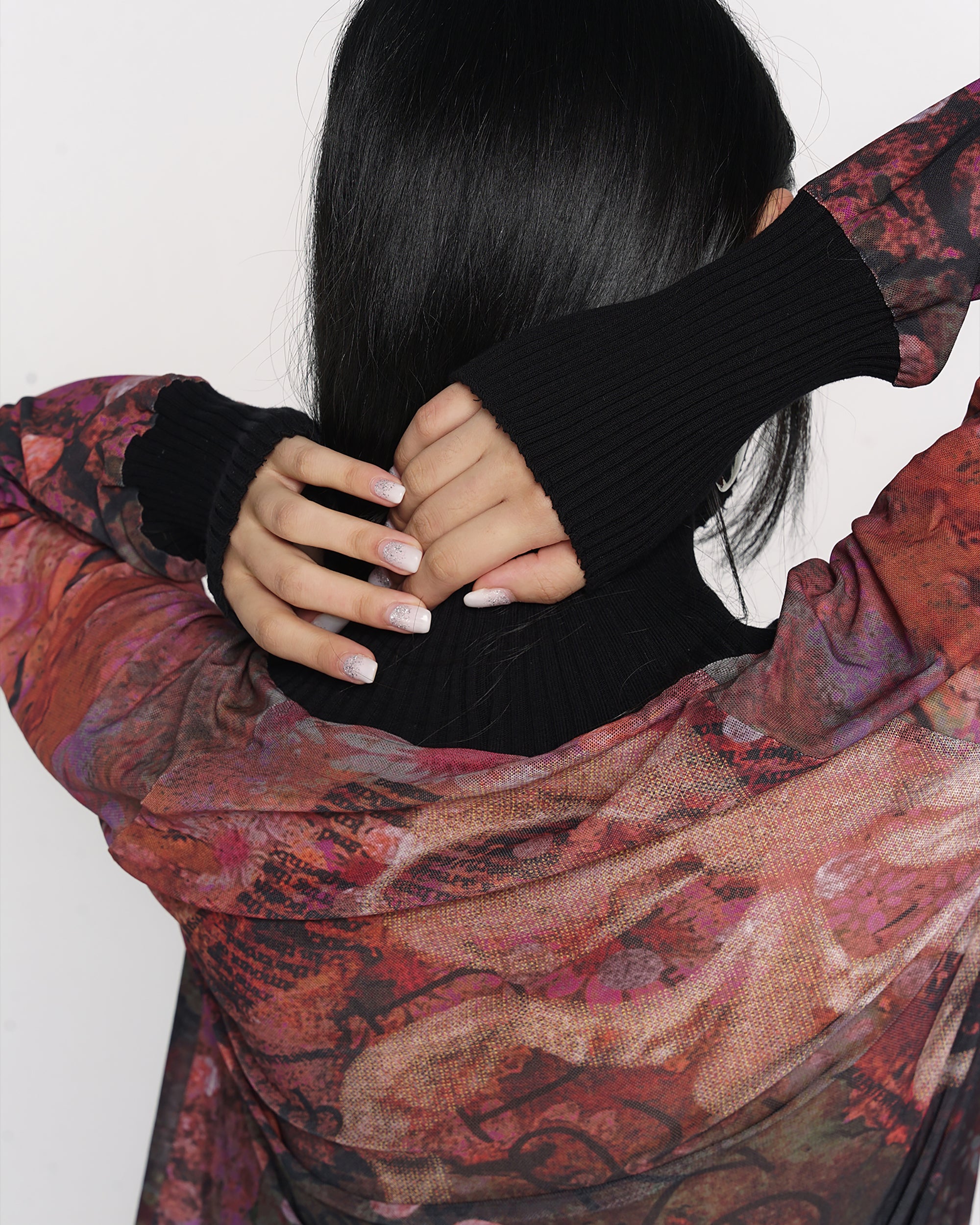 CONFUN Floral Mesh Ribbed Cuff Pullover