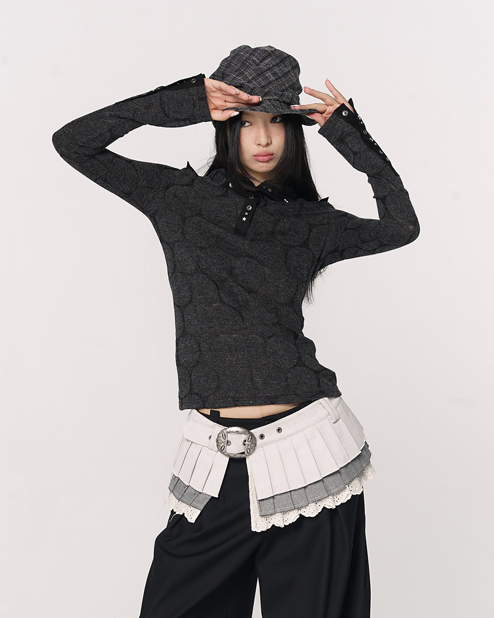 CONFUN Paneled Rivet Jacquard Henley Long-Sleeve Tee