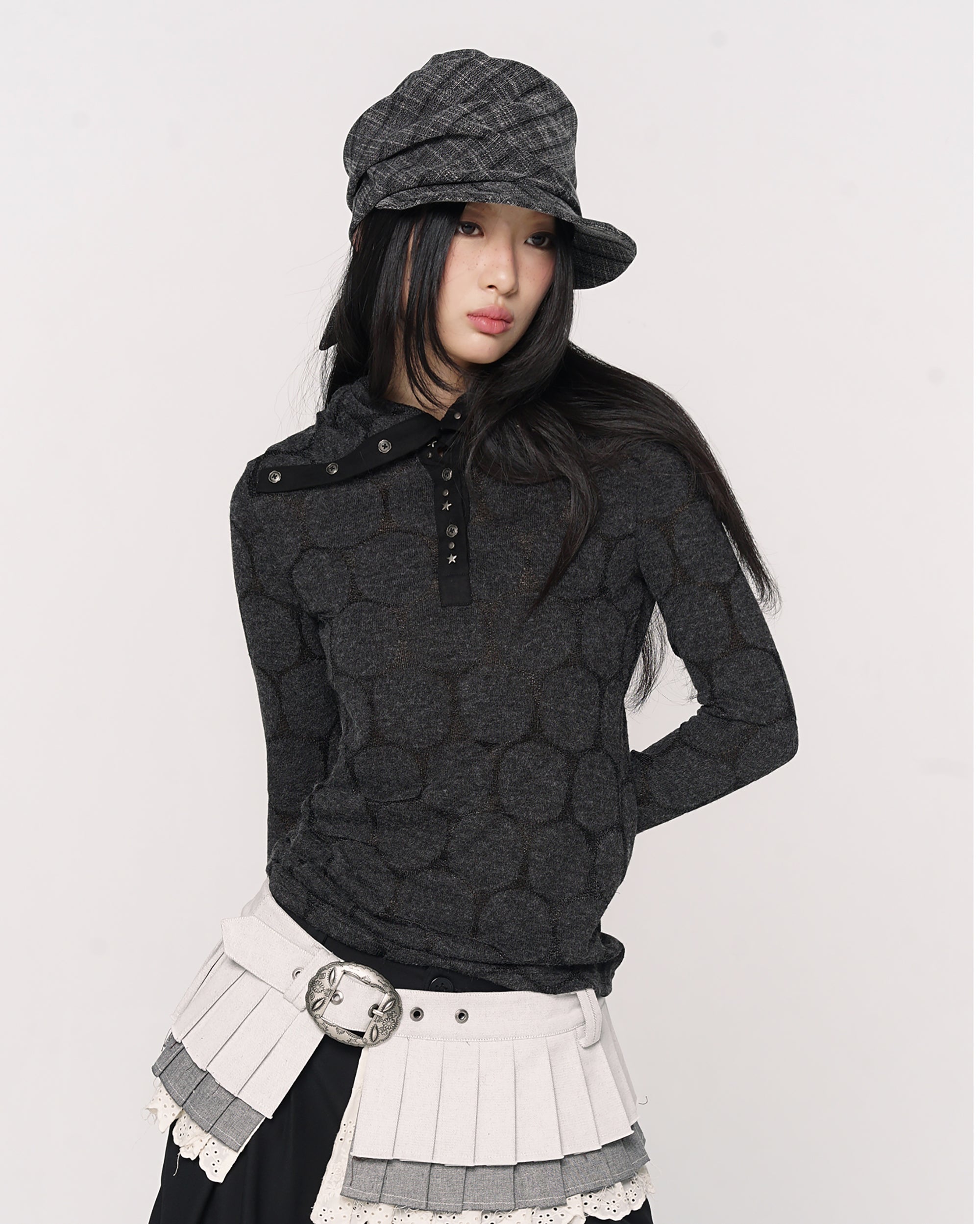 CONFUN Paneled Rivet Jacquard Henley Long-Sleeve Tee