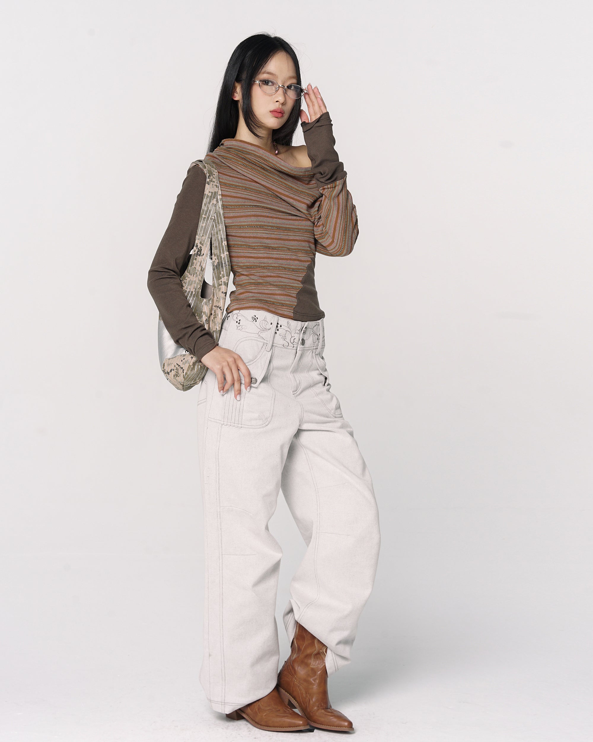 CONFUN Asymmetrical Striped Spliced Long-Sleeve Tee