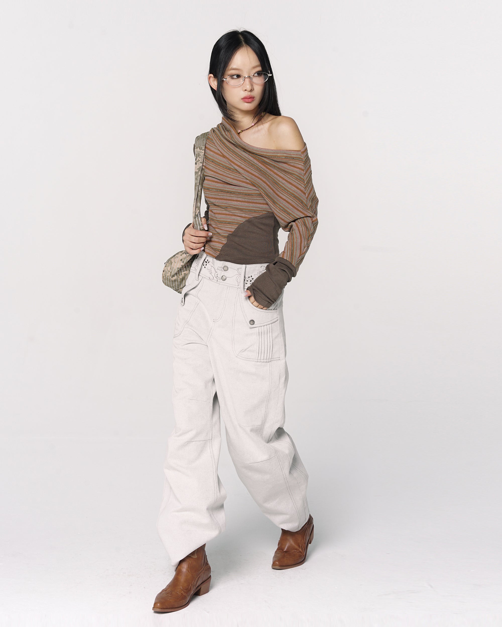 CONFUN Asymmetrical Striped Spliced Long-Sleeve Tee