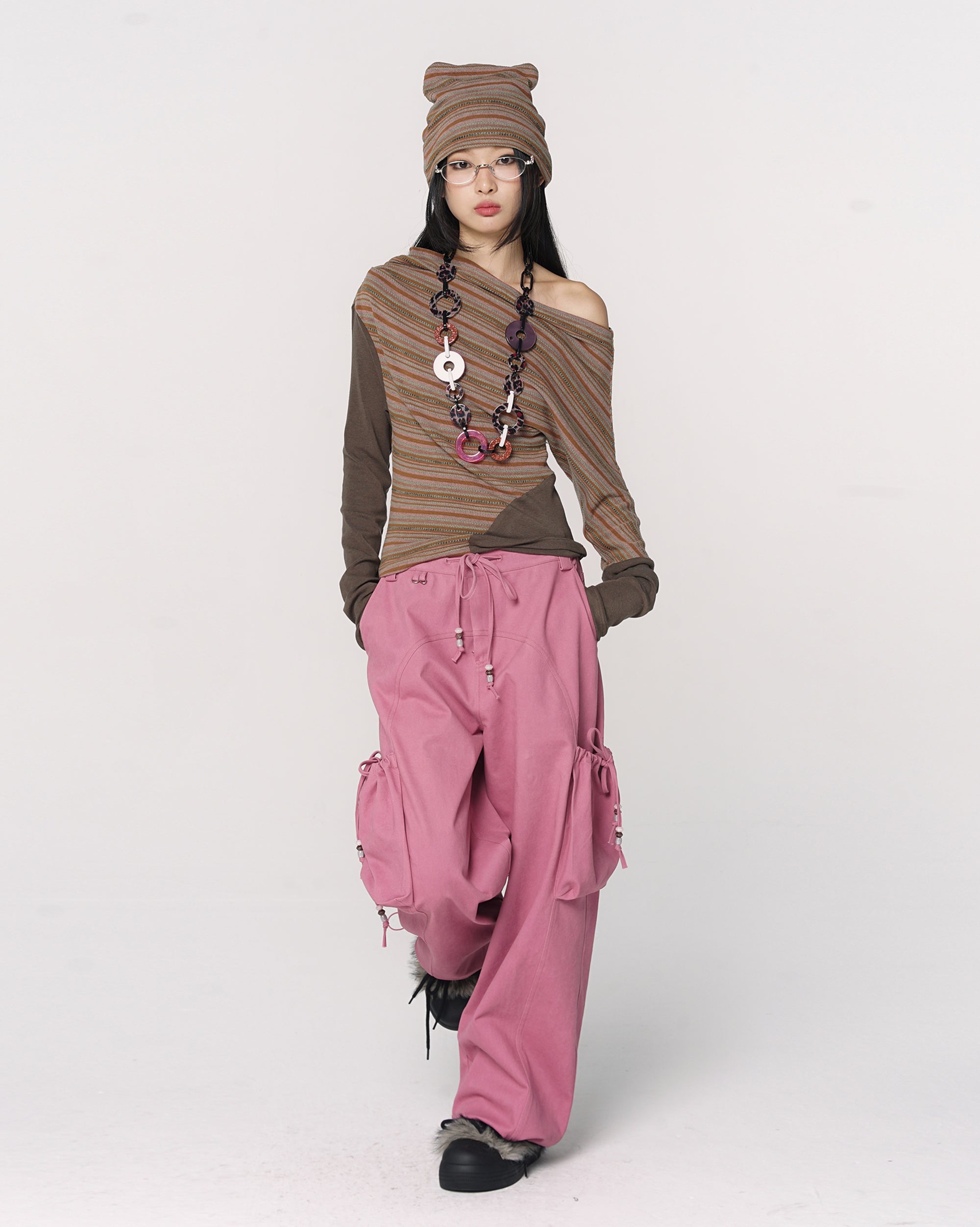 CONFUN Asymmetrical Striped Spliced Long-Sleeve Tee