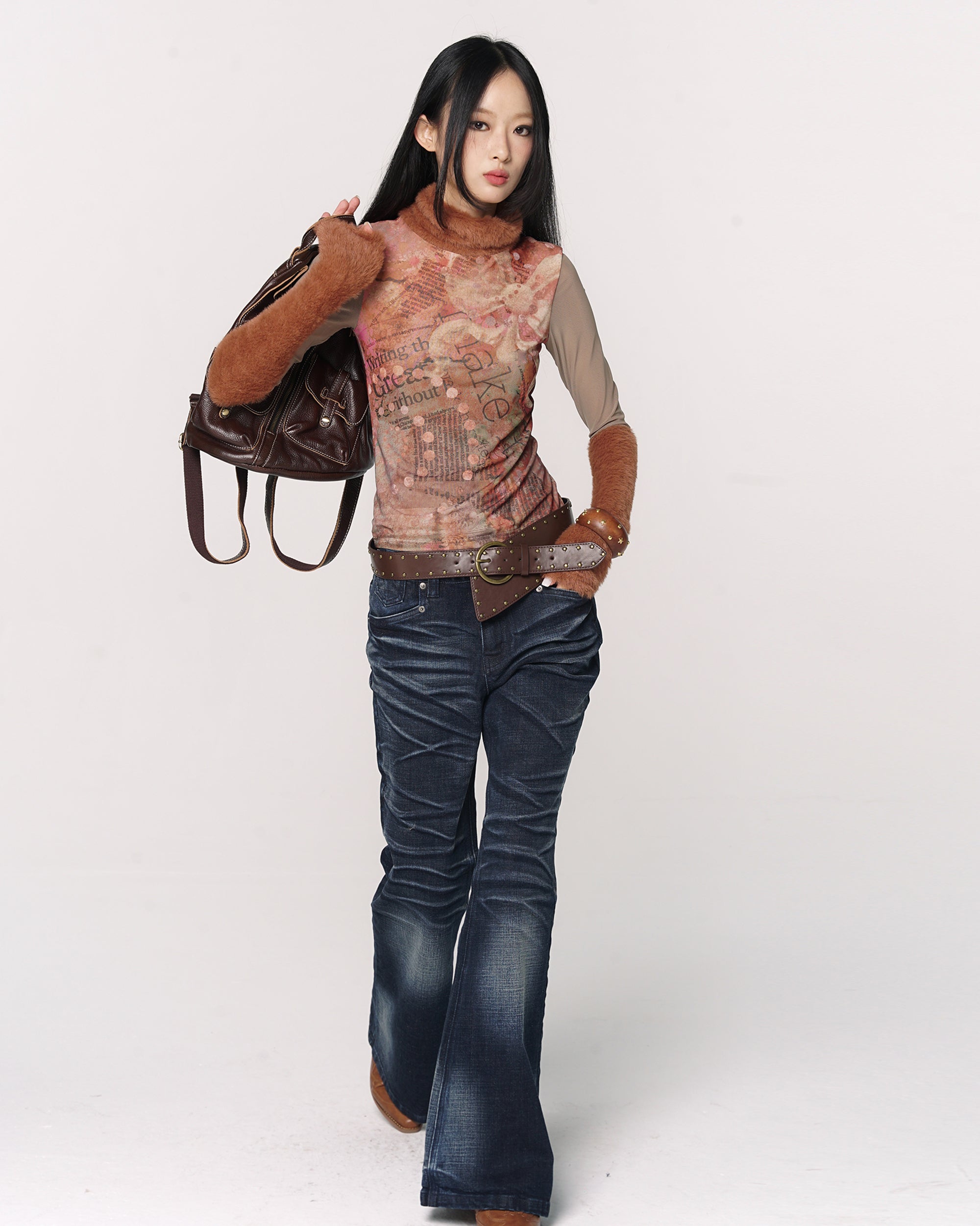 CONFUN Retro Full-Print Paneled Turtleneck Mesh Tee