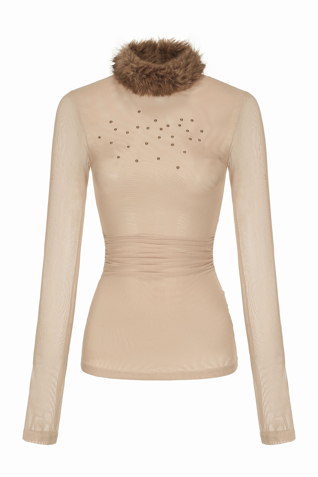 NEVER OFFEND L ANGEL Faux-Fur Collar Rivet Mesh Ruched Top