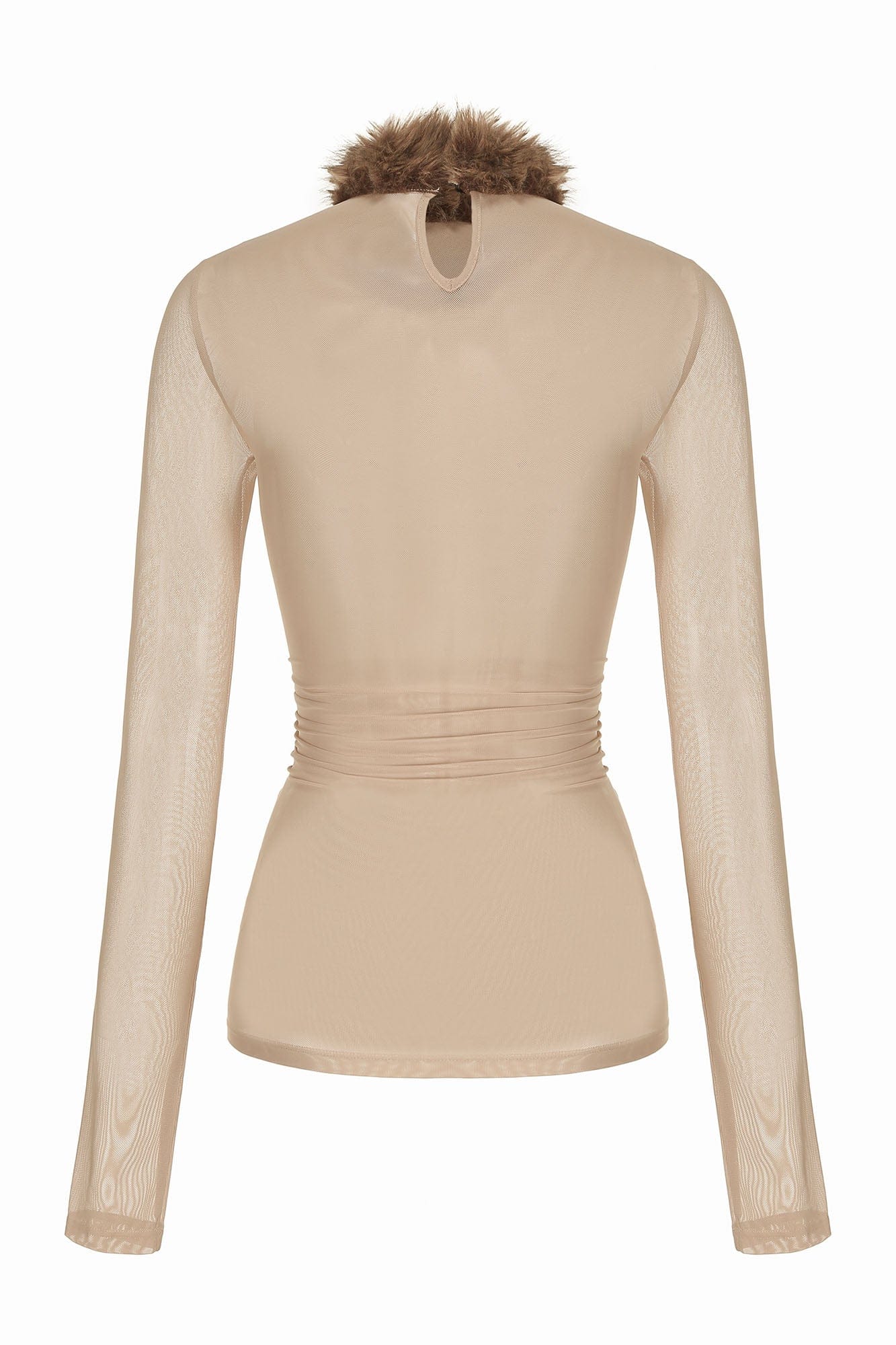 NEVER OFFEND L ANGEL Faux-Fur Collar Rivet Mesh Ruched Top