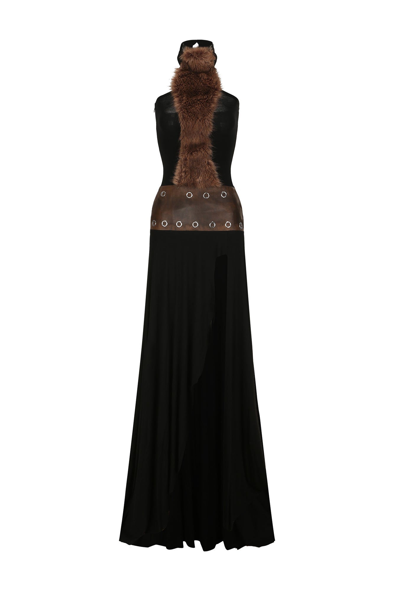 NEVER OFFEND L ANGEL Faux-Fur Panel Halter Gown