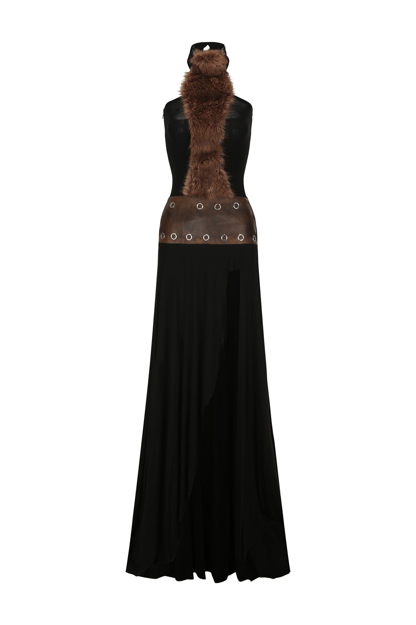 NEVER OFFEND L ANGEL Faux-Fur Panel Halter Gown