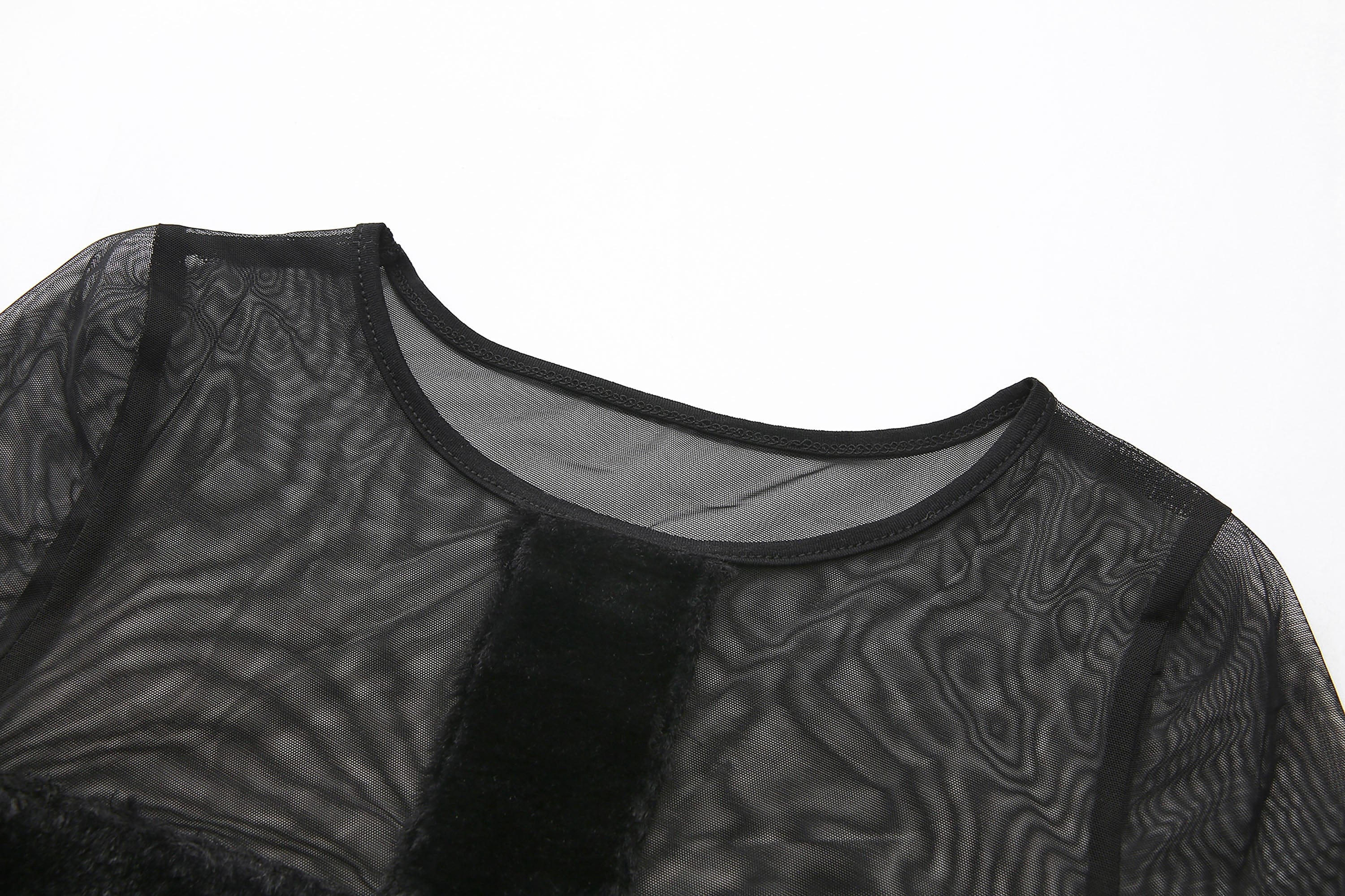 NEVER OFFEND L ANGEL Cross-Panel Faux-Fur Mesh Bodycon Top