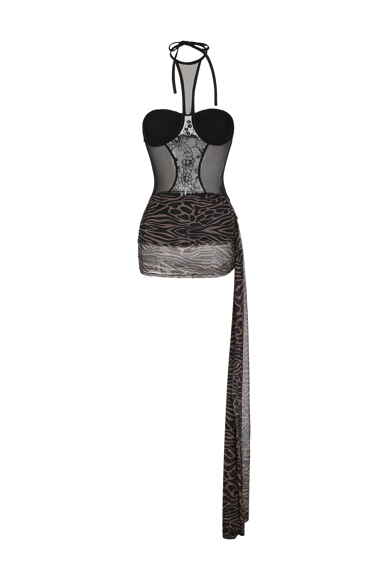 NEVER OFFEND L ANGEL Leopard Mesh-Paneled Halter Bustier Dress