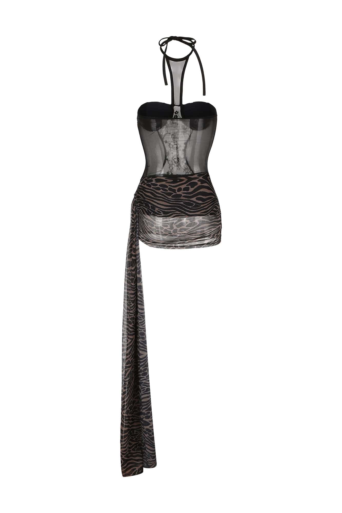 NEVER OFFEND L ANGEL Leopard Mesh-Paneled Halter Bustier Dress