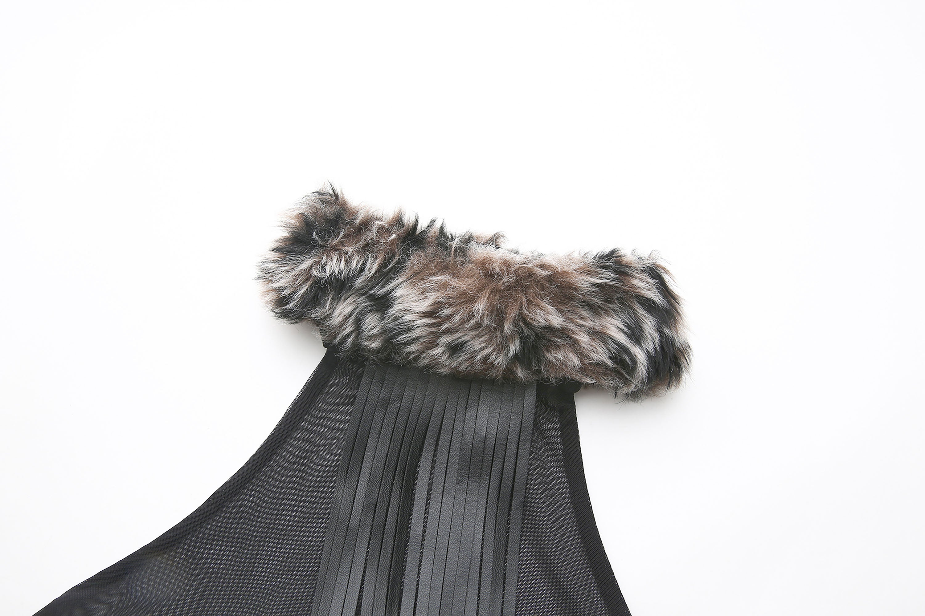 NEVER OFFEND L ANGEL Faux-Fur Collar Panel Mesh Halter Top