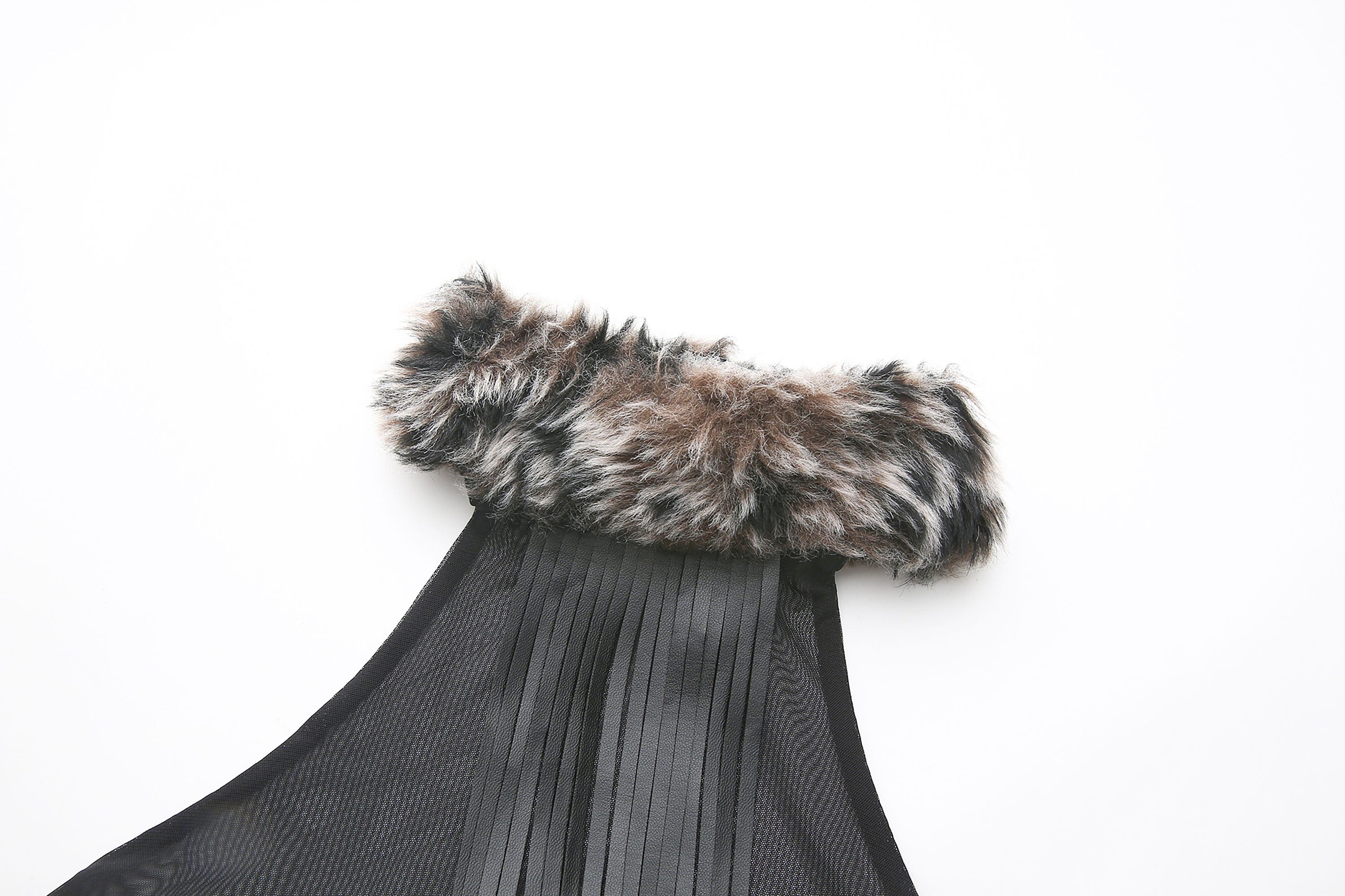 NEVER OFFEND L ANGEL Faux-Fur Collar Panel Mesh Halter Top