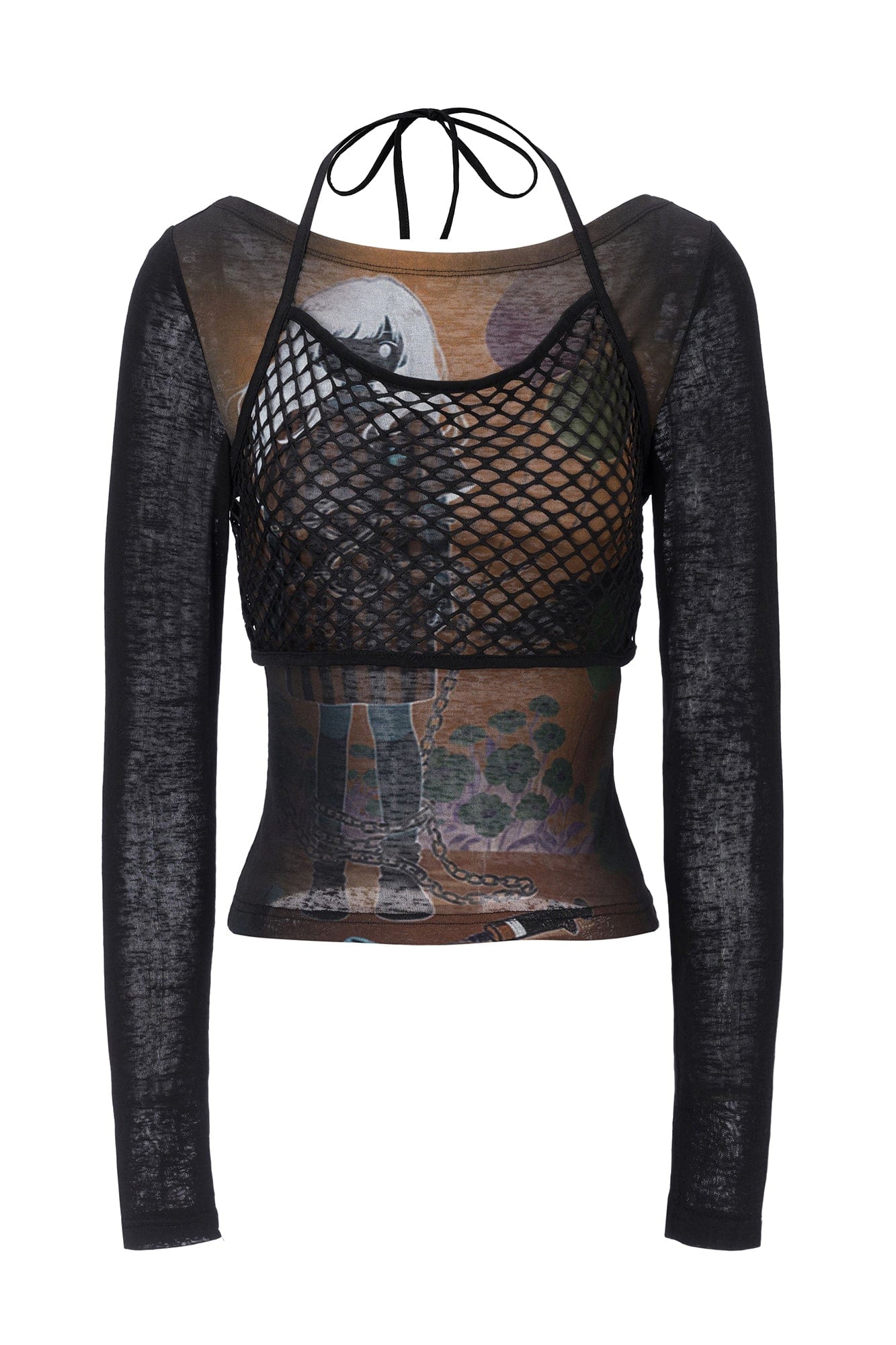EMOHA Fishnet Overlay Graphic Sheer Long Sleeve Tee