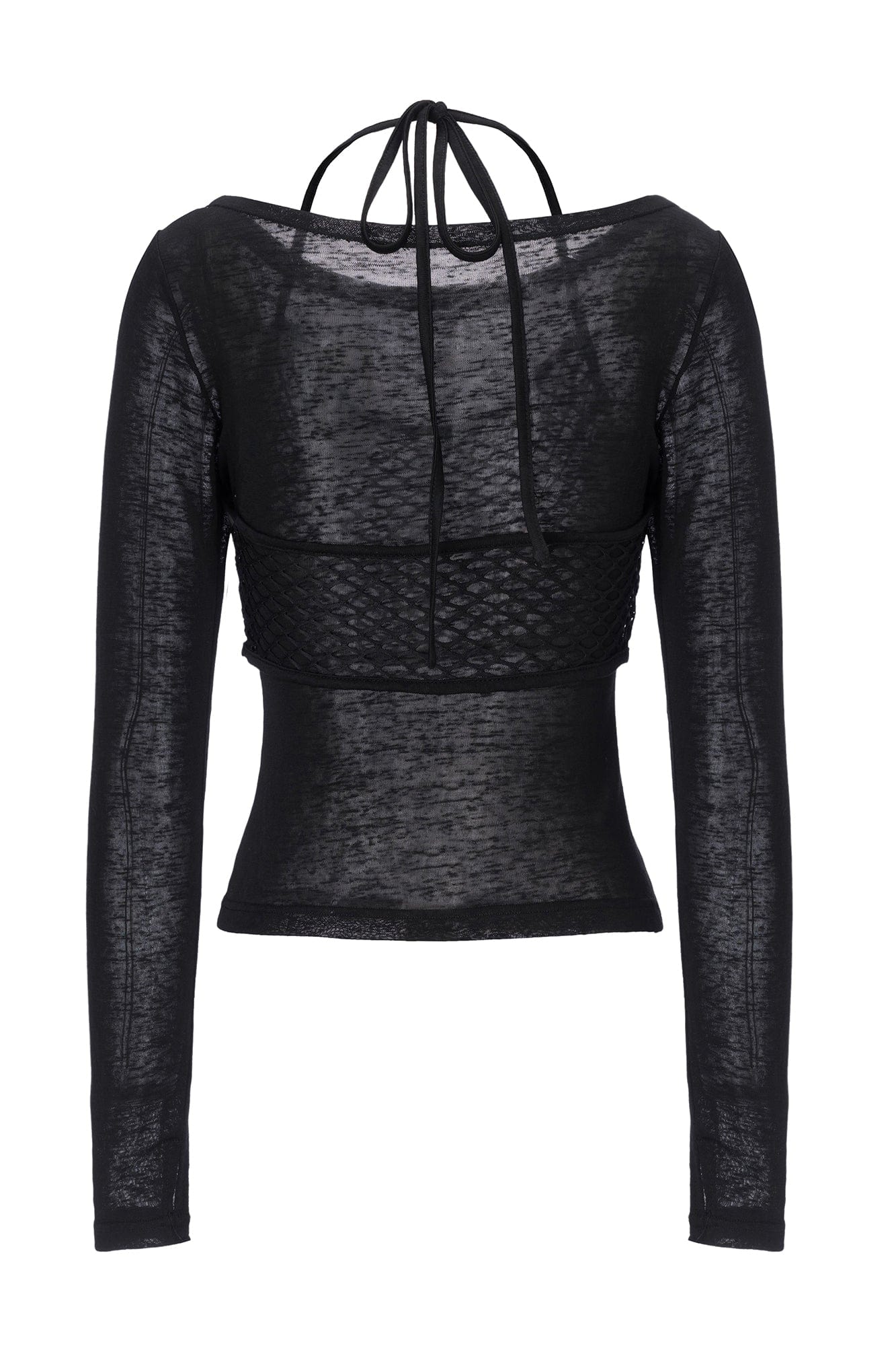 EMOHA Fishnet Overlay Graphic Sheer Long Sleeve Tee