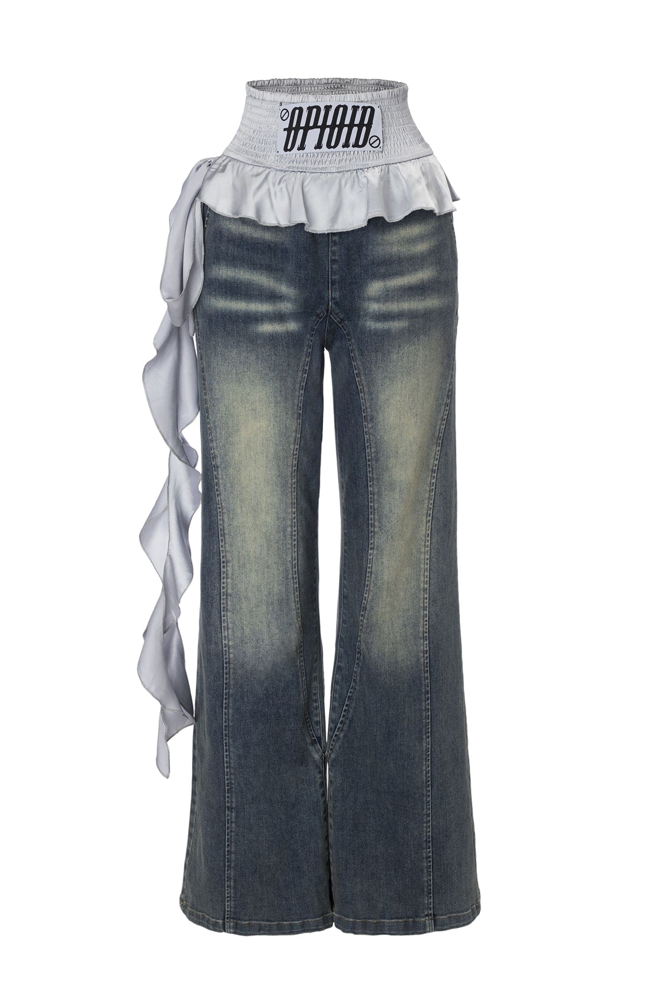 EMOHA Contrast Ruffle Waistband Washed Jeans