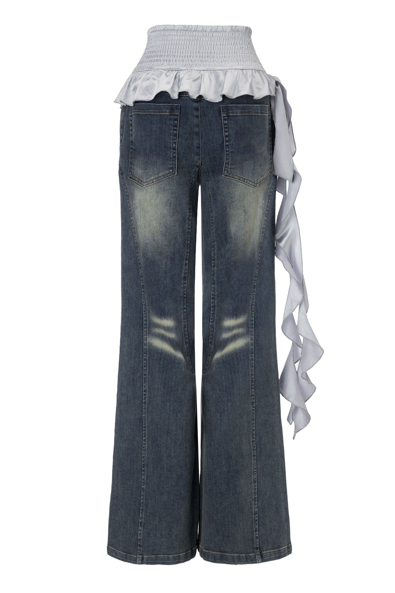 EMOHA Contrast Ruffle Waistband Washed Jeans