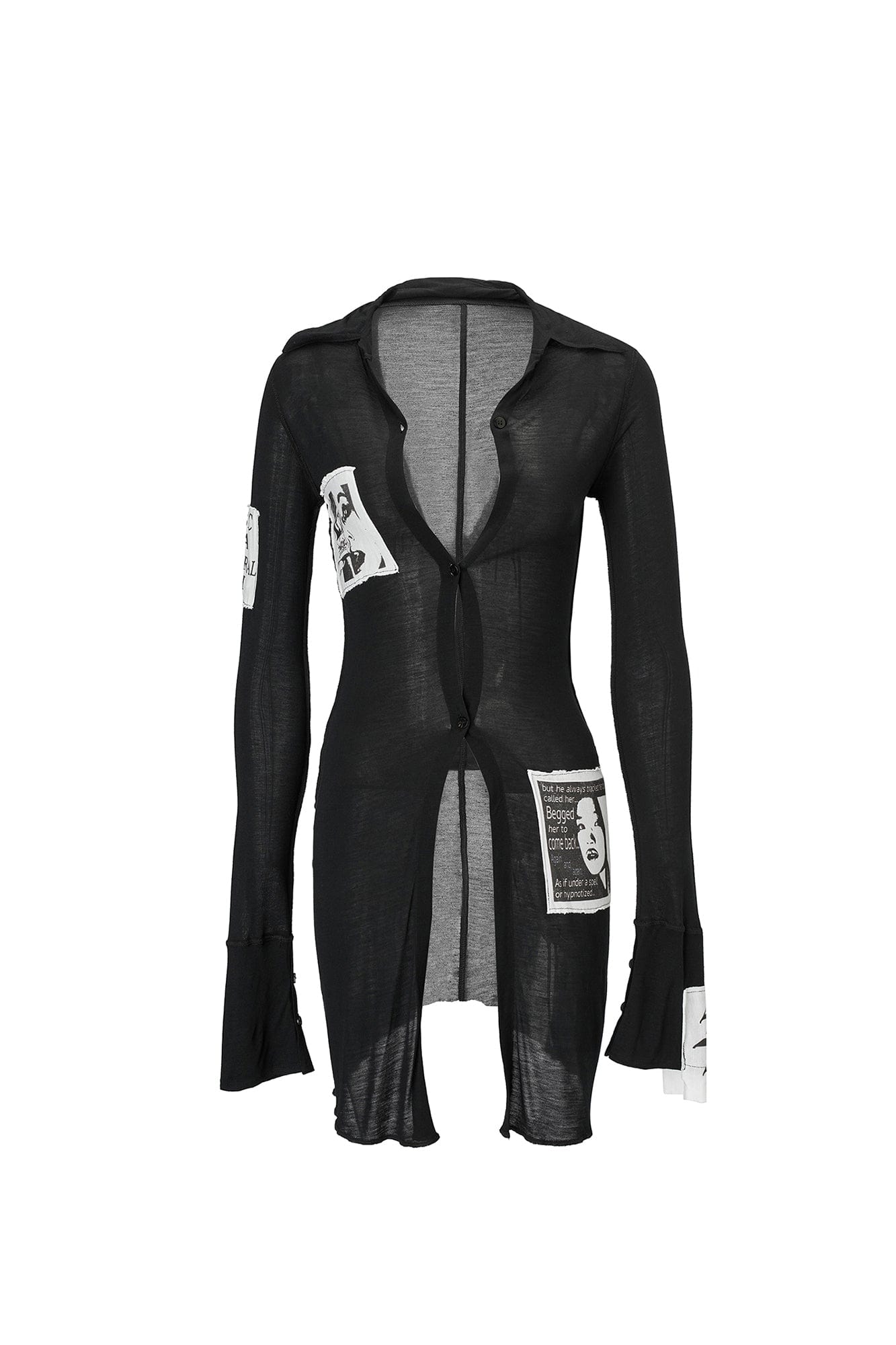 EMOHA Graphic Patch Sheer Cinched Longline Shirt