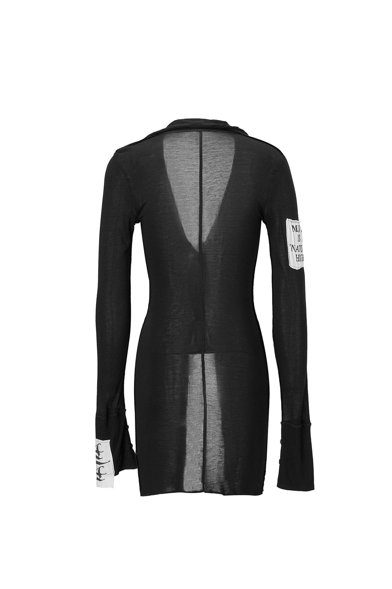 EMOHA Graphic Patch Sheer Cinched Longline Shirt