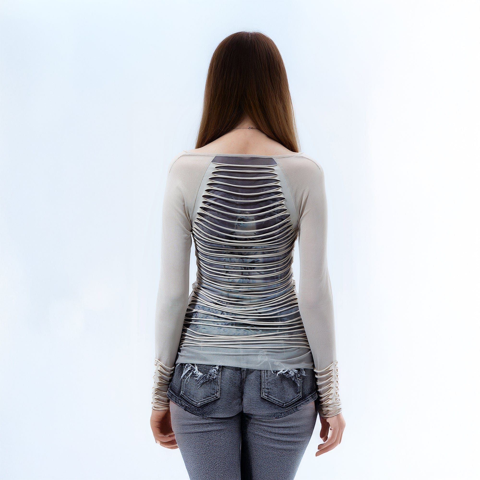 EMOHA Ripped Sheer Long Sleeve Top White