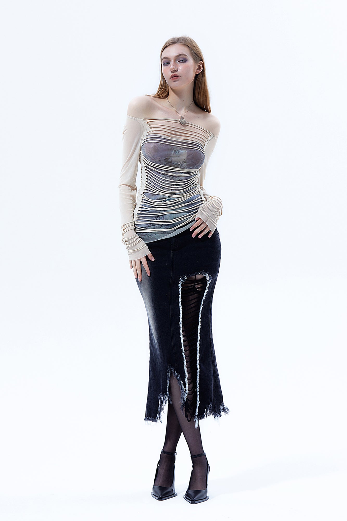 EMOHA Ripped Sheer Long Sleeve Top White
