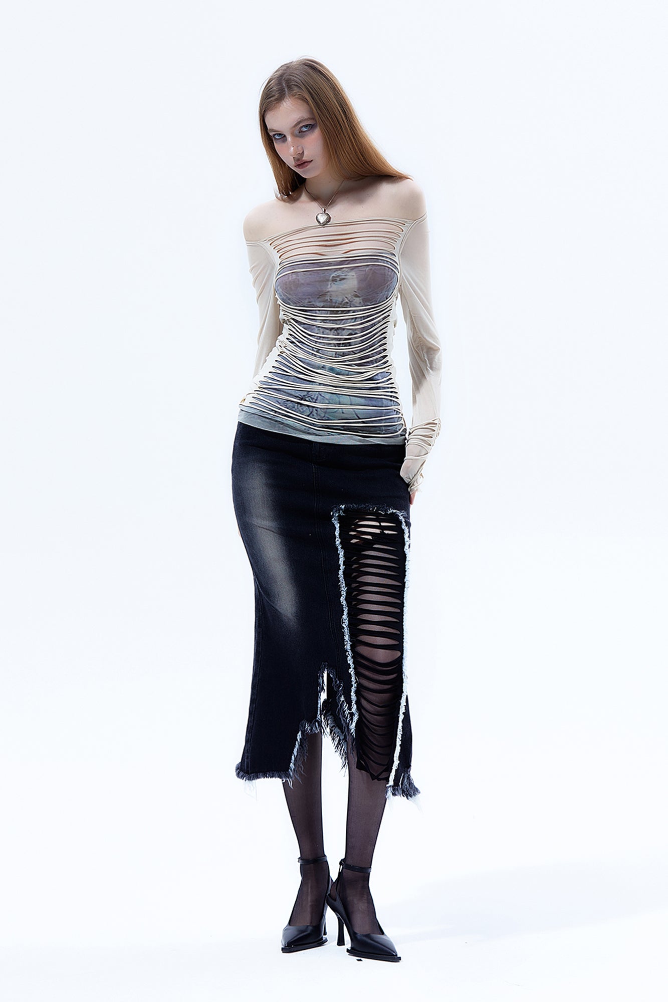 EMOHA Ripped Sheer Long Sleeve Top White
