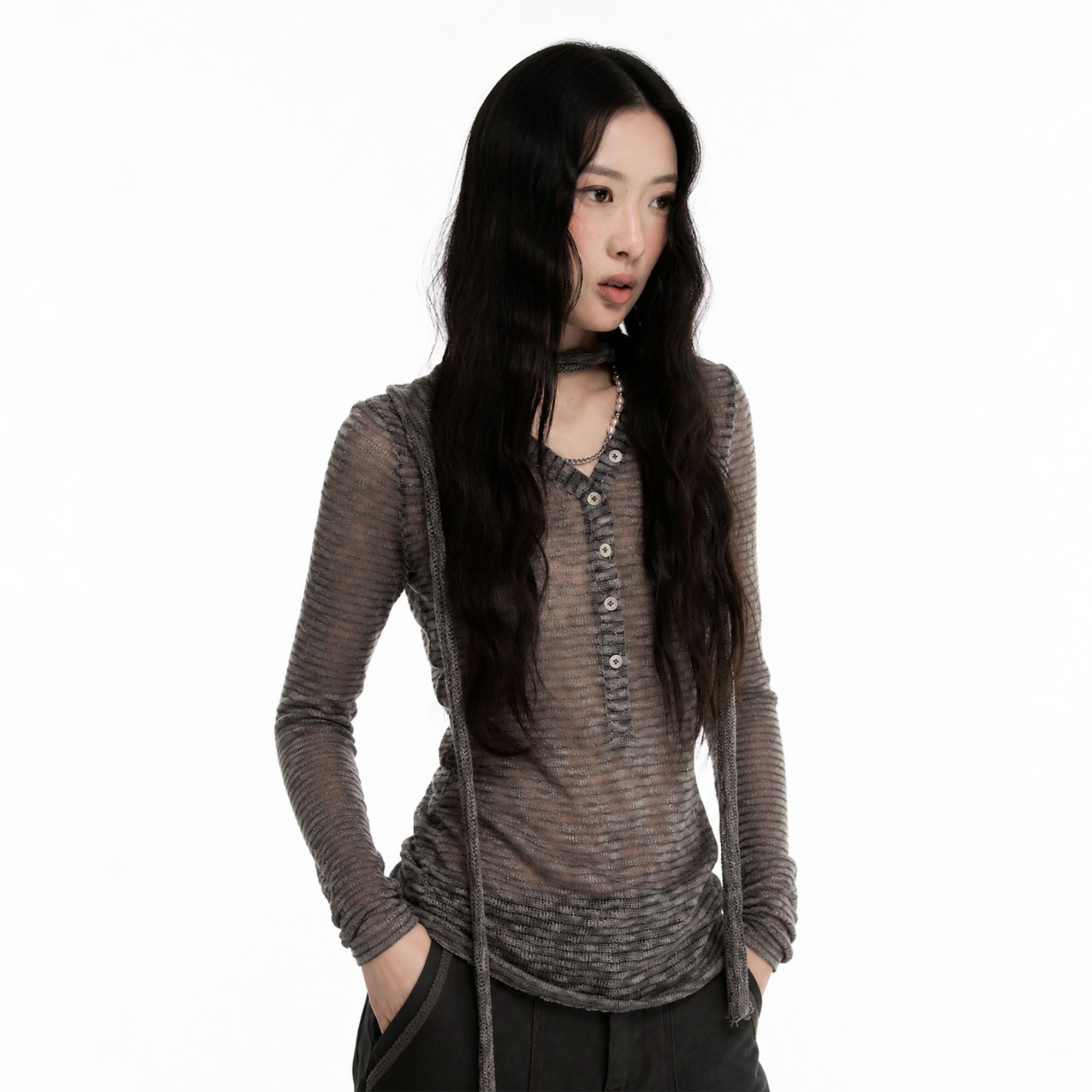 CONFUN Sheer Striped Long-Sleeve Polo Tee
