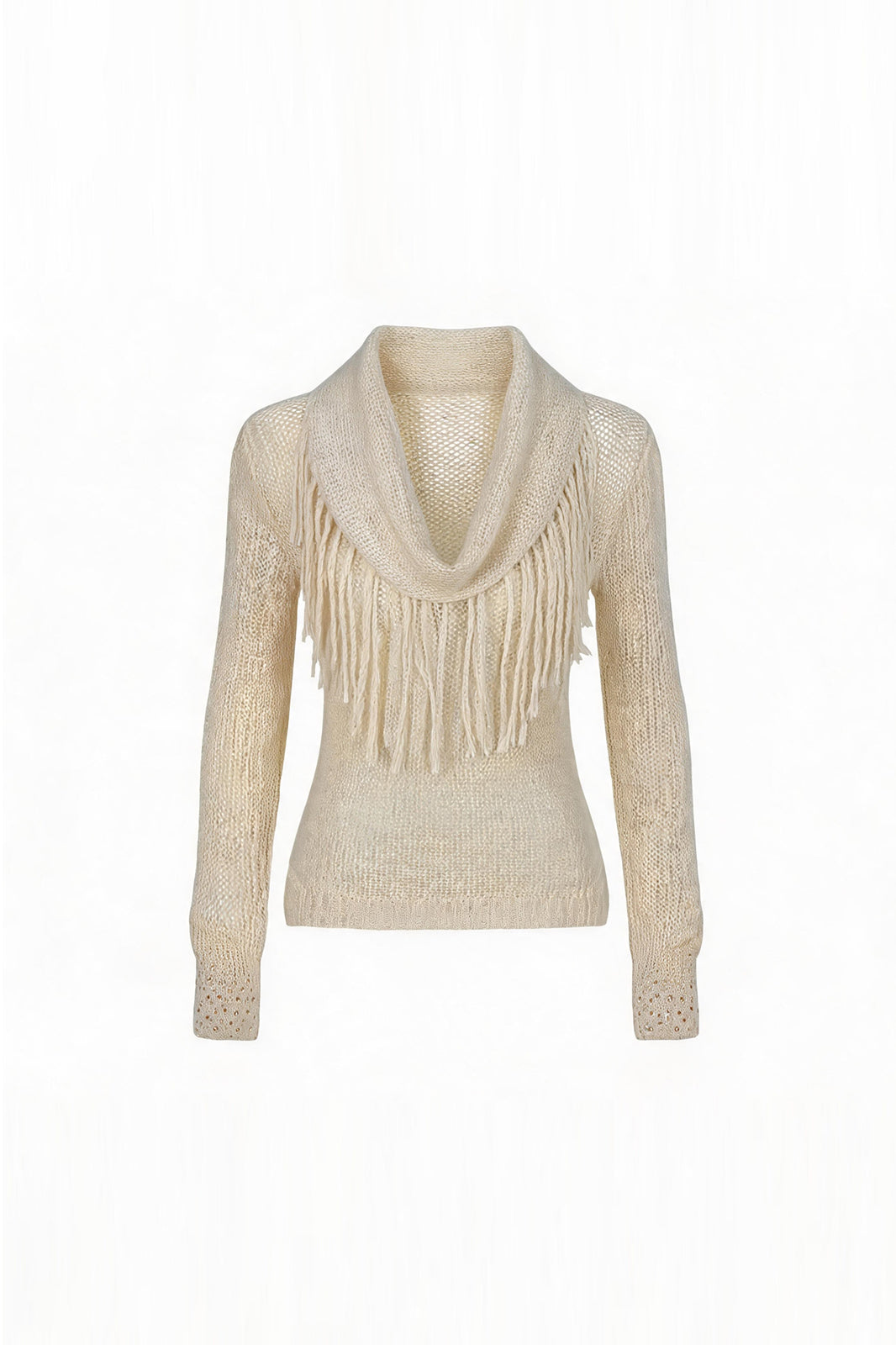 FAYCHUI Open-Knit Fringe Off-Shoulder Top