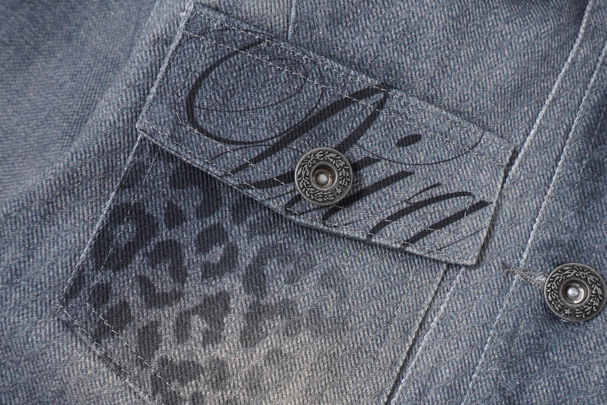 FAYCHUI Retro Washed Leopard-Print Cotton Denim Jacket