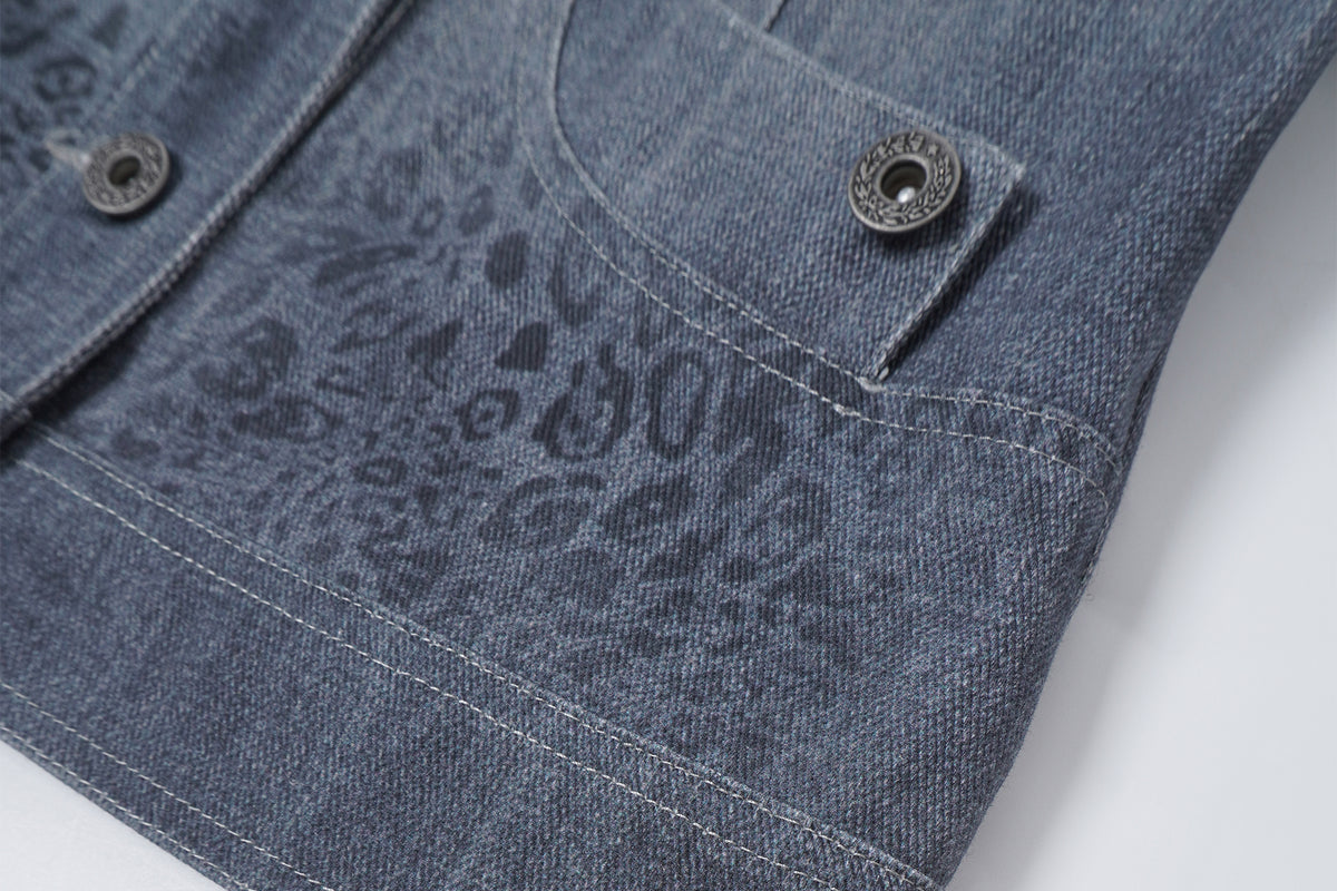 FAYCHUI Retro Washed Leopard-Print Cotton Denim Jacket