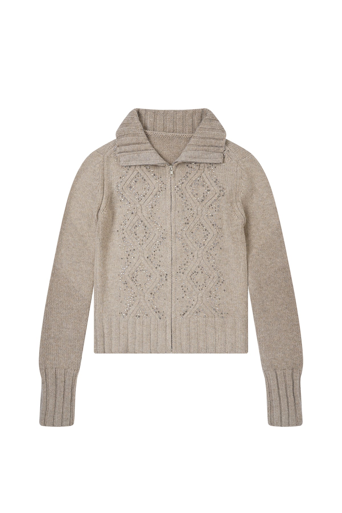 FAYCHUI Diamond Embroidered Ribbed Zip-Up Sweater