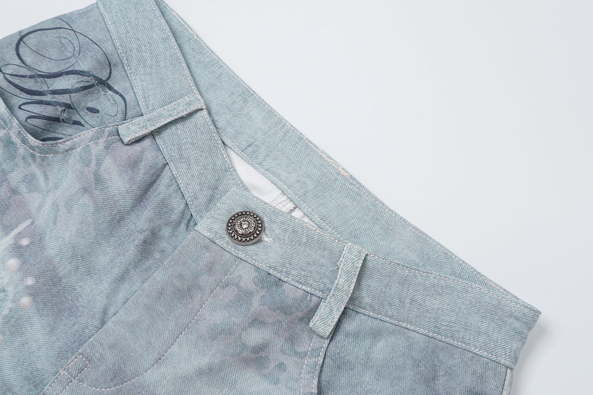 FAYCHUI Washed Leopard Distressed Mesh-Overlay Flared Jeans