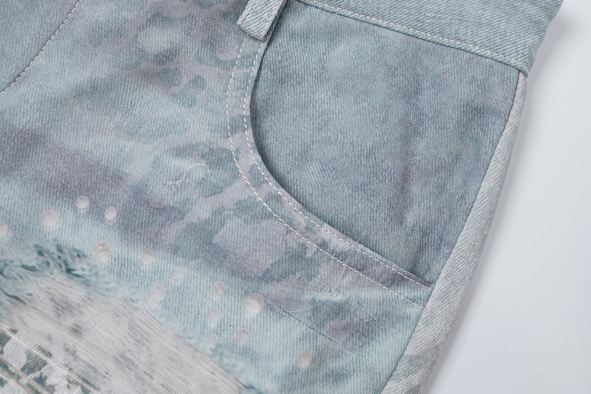 FAYCHUI Washed Leopard Distressed Mesh-Overlay Flared Jeans