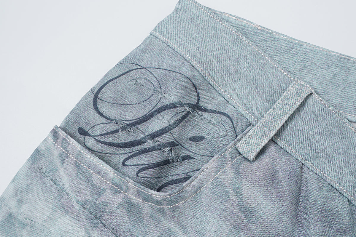 FAYCHUI Washed Leopard Distressed Mesh-Overlay Flared Jeans