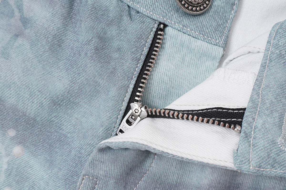 FAYCHUI Washed Leopard Distressed Mesh-Overlay Flared Jeans
