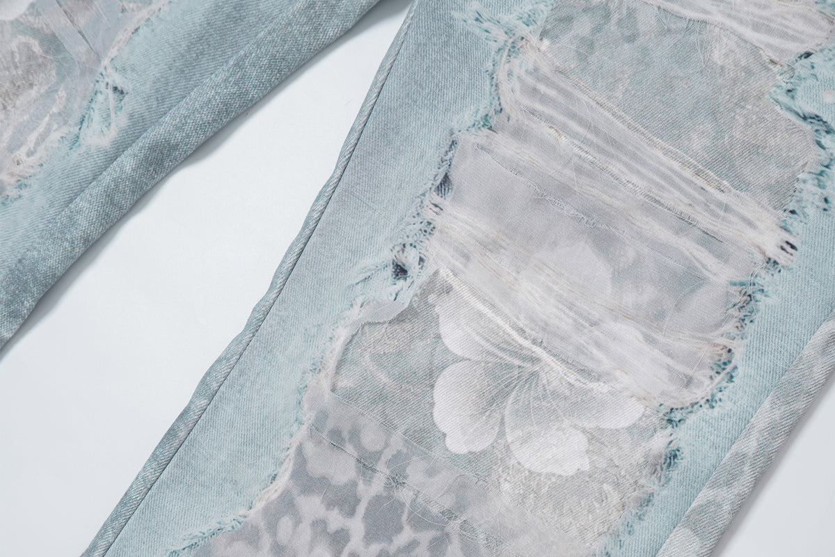 FAYCHUI Washed Leopard Distressed Mesh-Overlay Flared Jeans