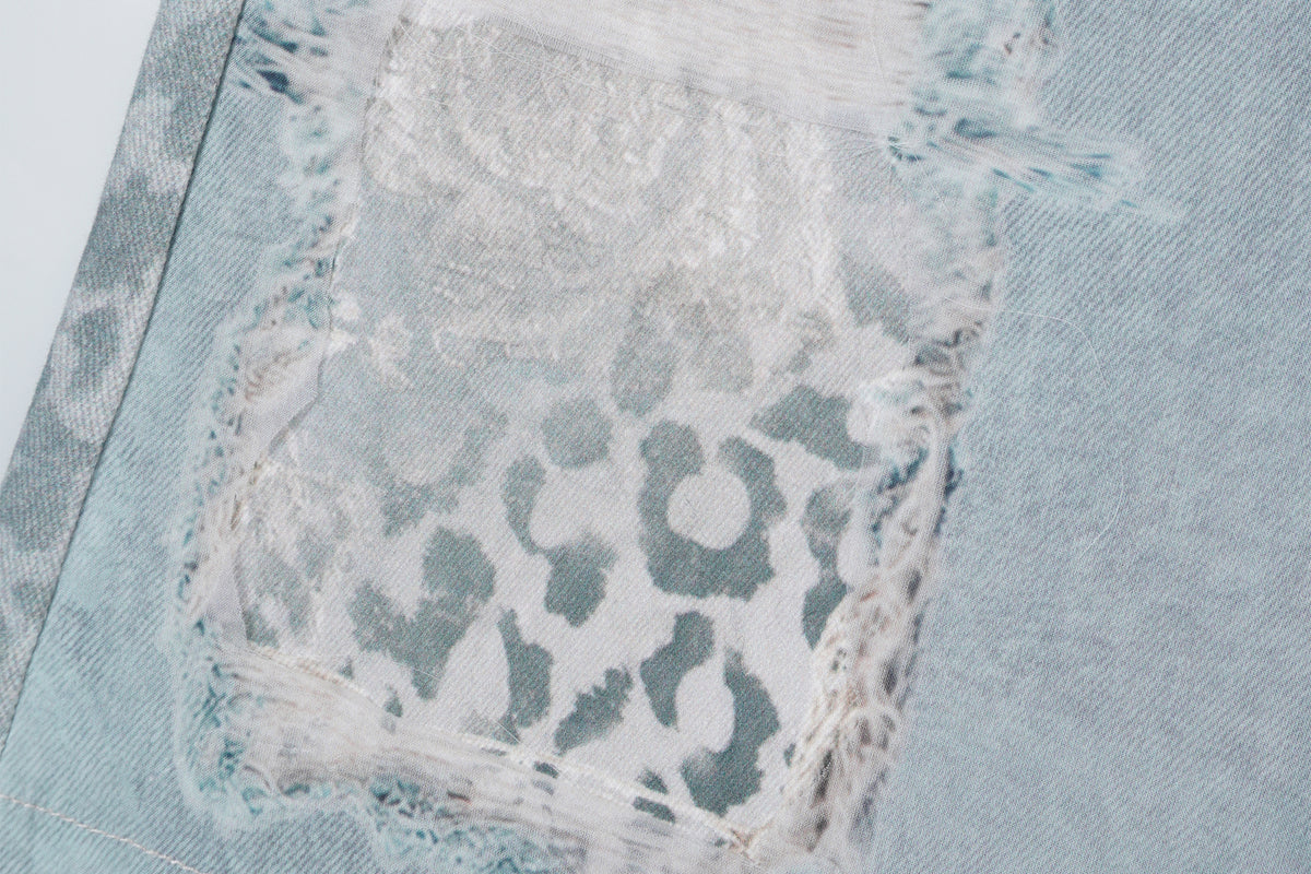 FAYCHUI Washed Leopard Distressed Mesh-Overlay Flared Jeans