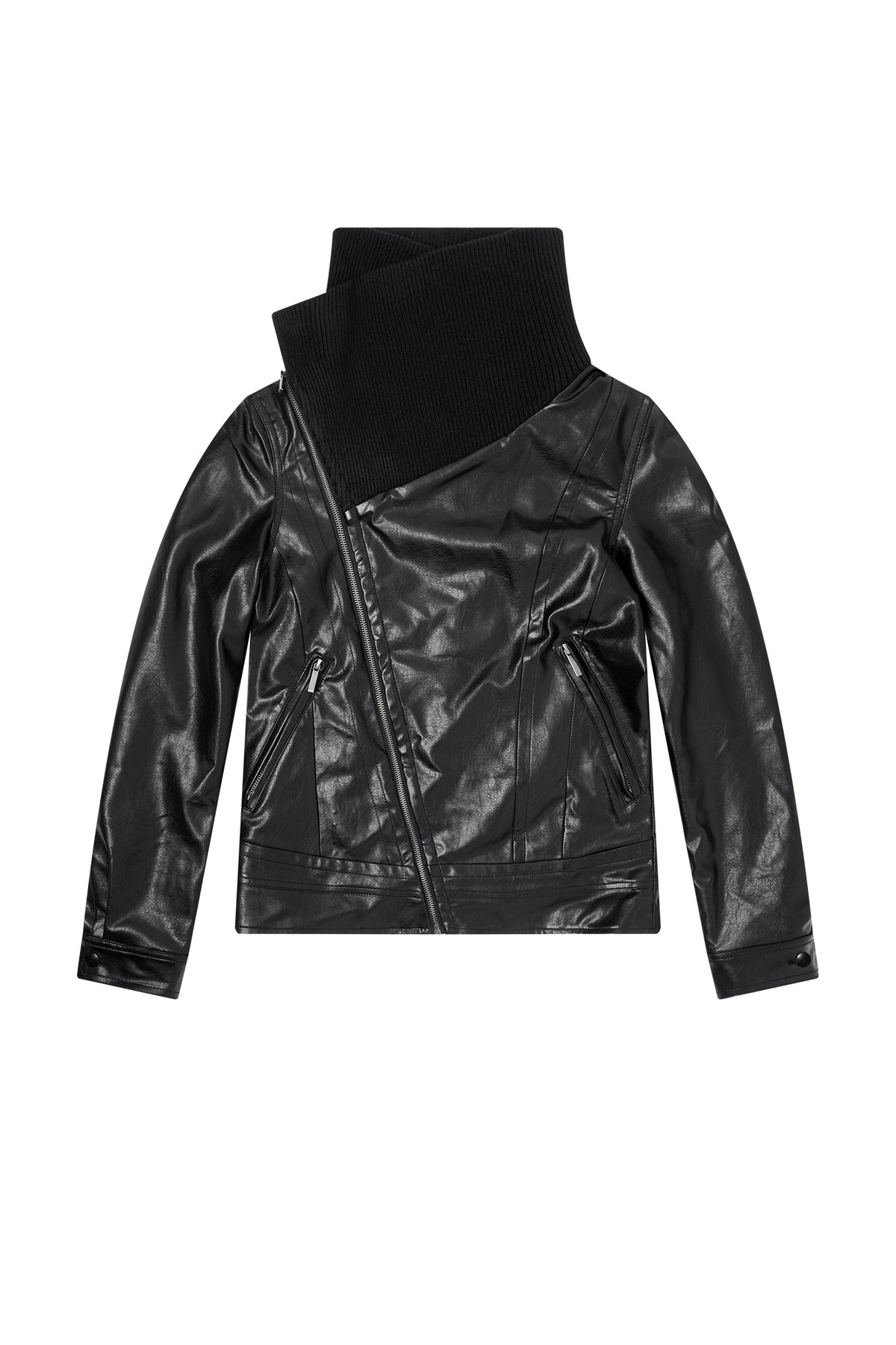FAYCHUI Faux-Leather Asymmetric Zip Funnel-Neck Jacket
