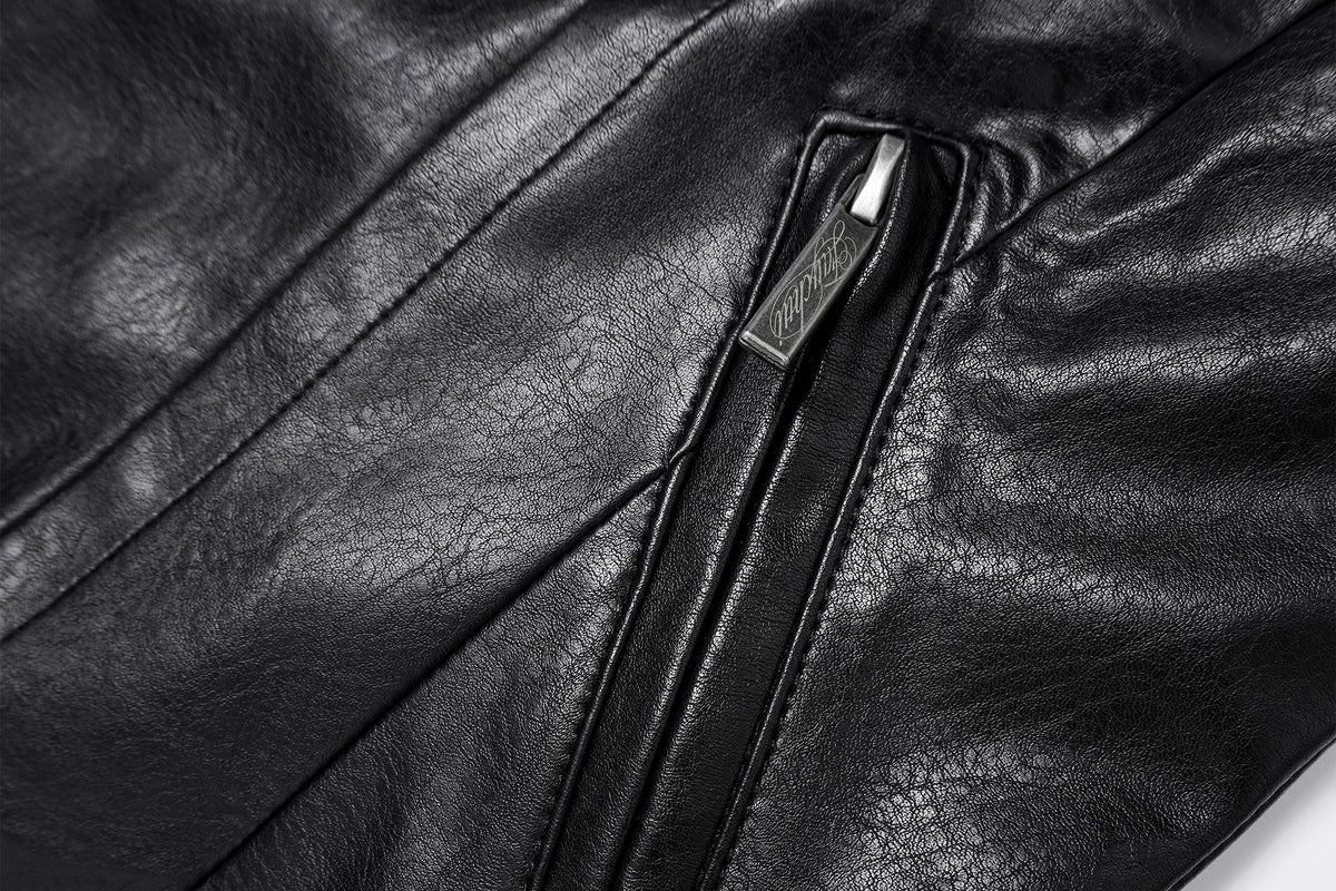 FAYCHUI Faux-Leather Asymmetric Zip Funnel-Neck Jacket